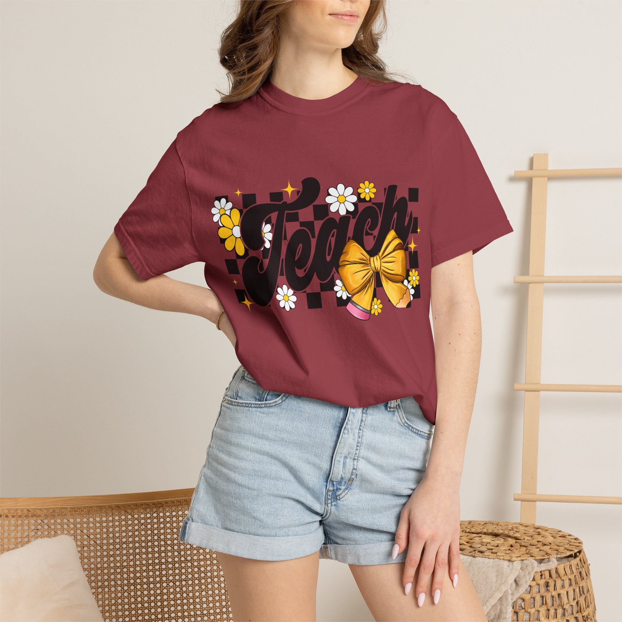 Teacher Floral Bow T-Shirt — 'Teach' Checkerboard Design