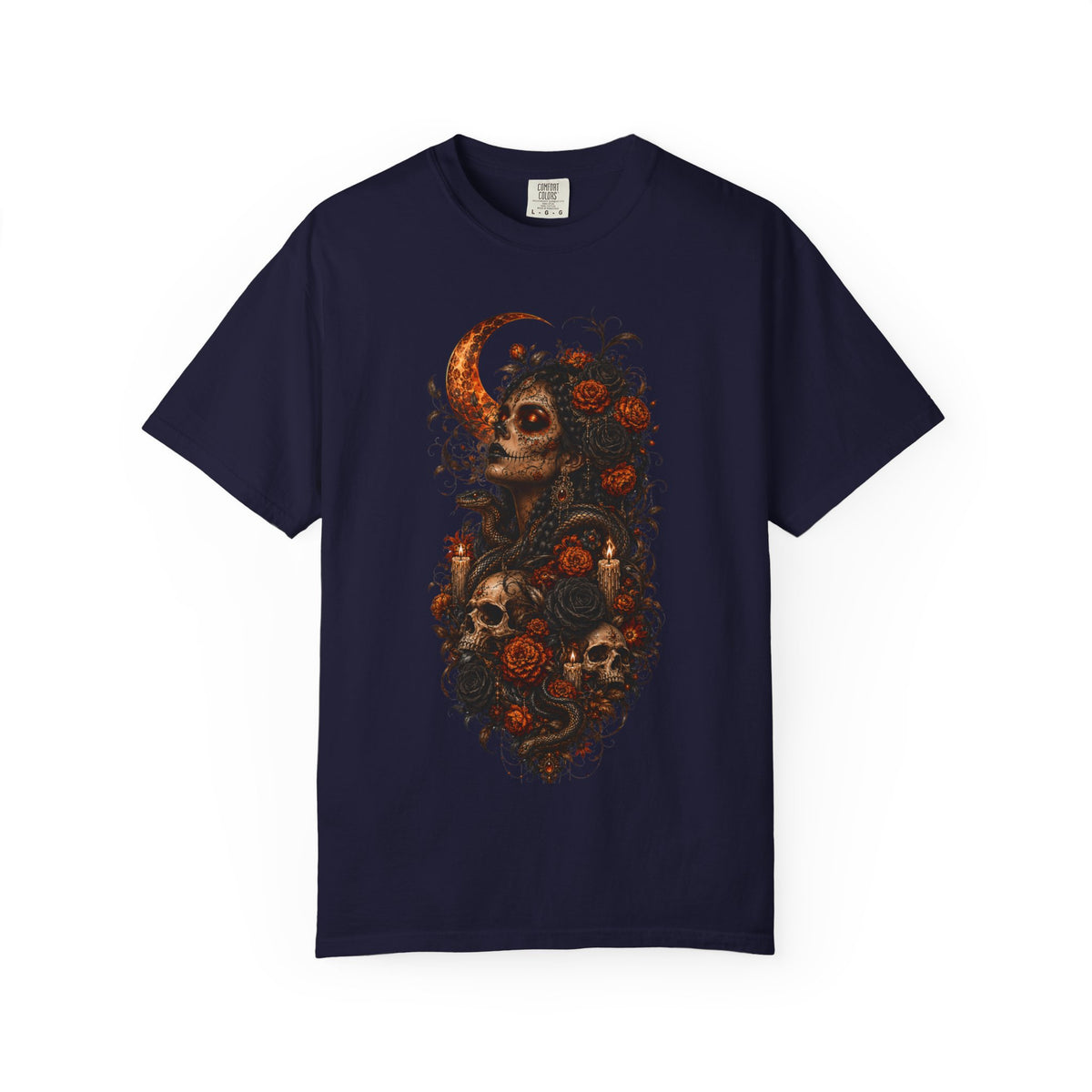 Skull & Rose Moon Tee — Gothic Floral Graphic T-Shirt - Day of the Dead Tee. Midnight Eye, LLC