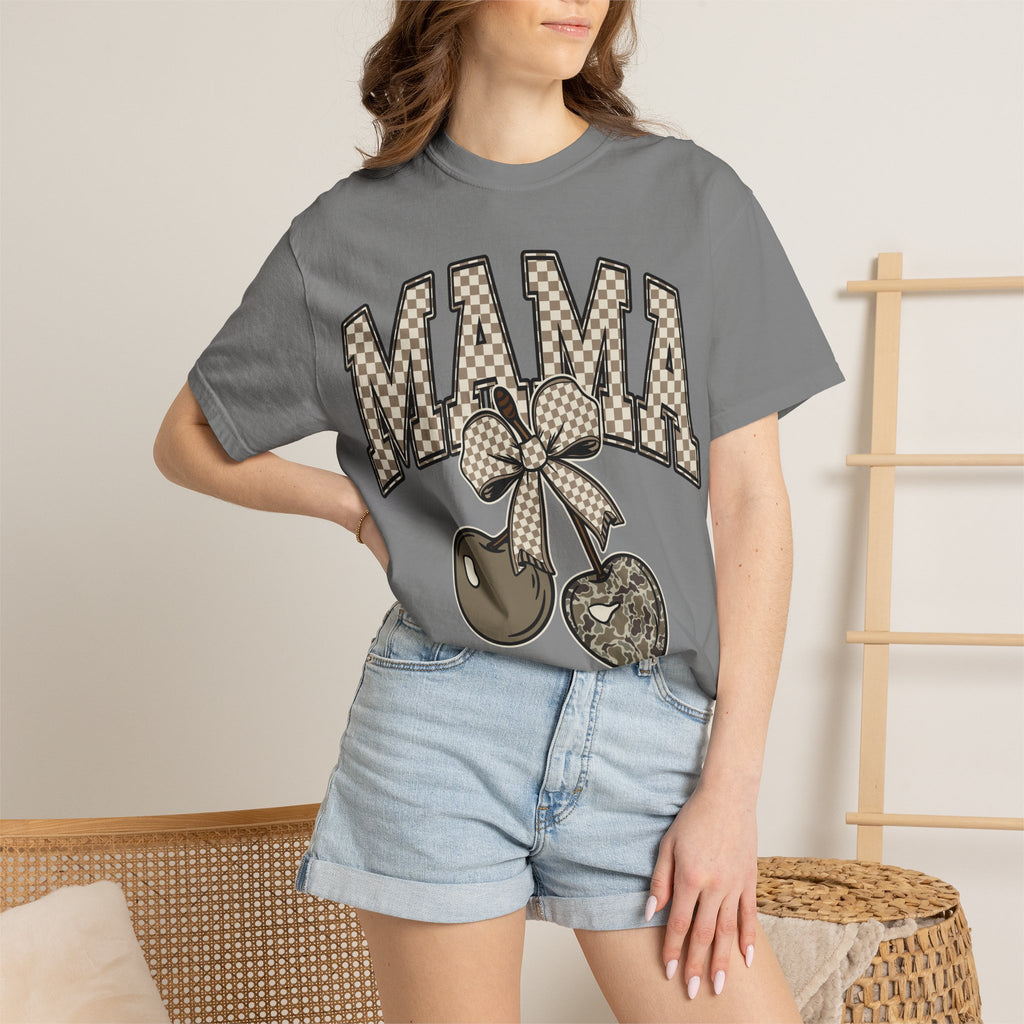 Mama Cherry Graphic T-Shirt — Retro Checkerboard Cherry Design. Midnight Eye, LLC