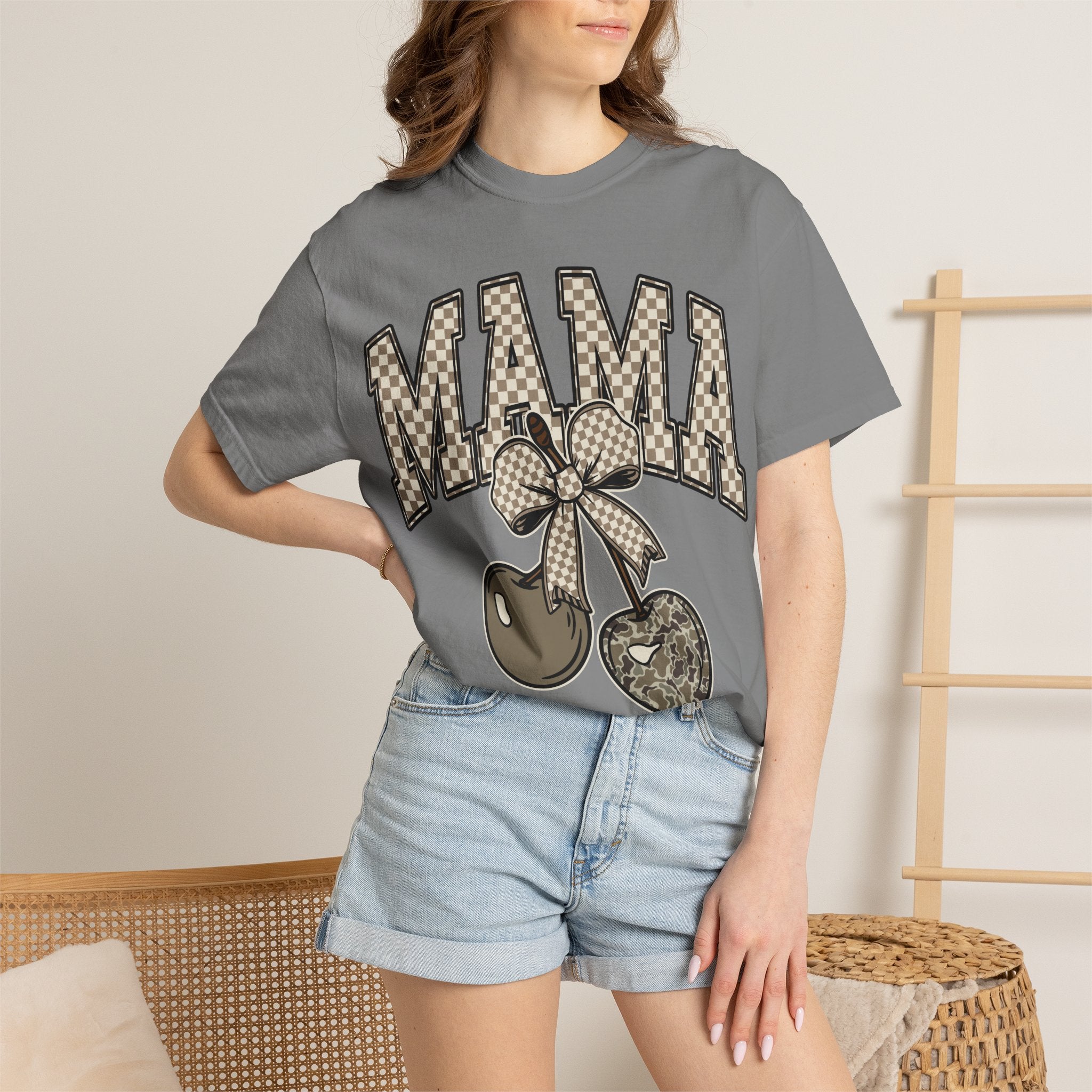 Mama Cherry Graphic T-Shirt — Retro Checkerboard Cherry Design. Midnight Eye, LLC