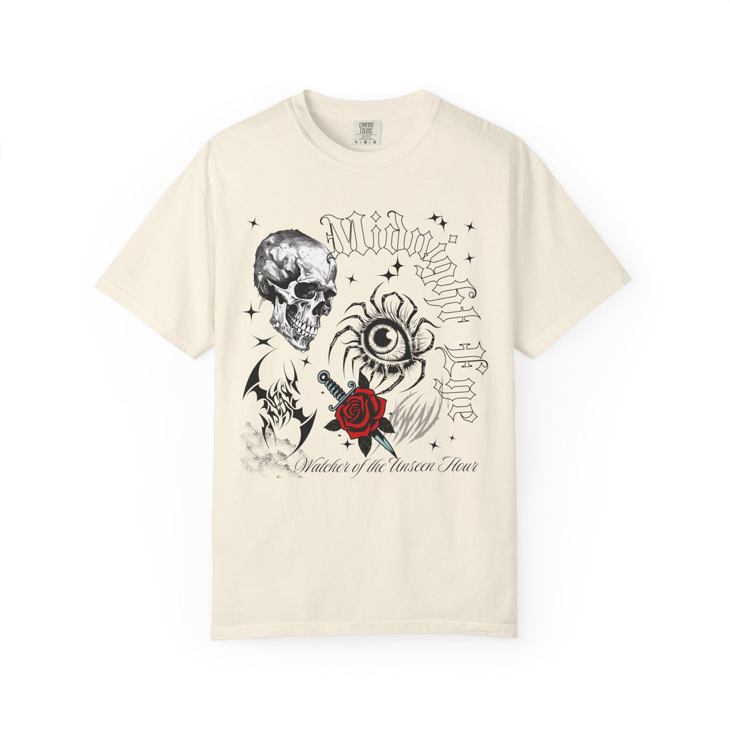 Skull, Red Rose & Eye Tattoo Art T-Shirt — Gothic Streetwear Tee. Midnight Eye, LLC