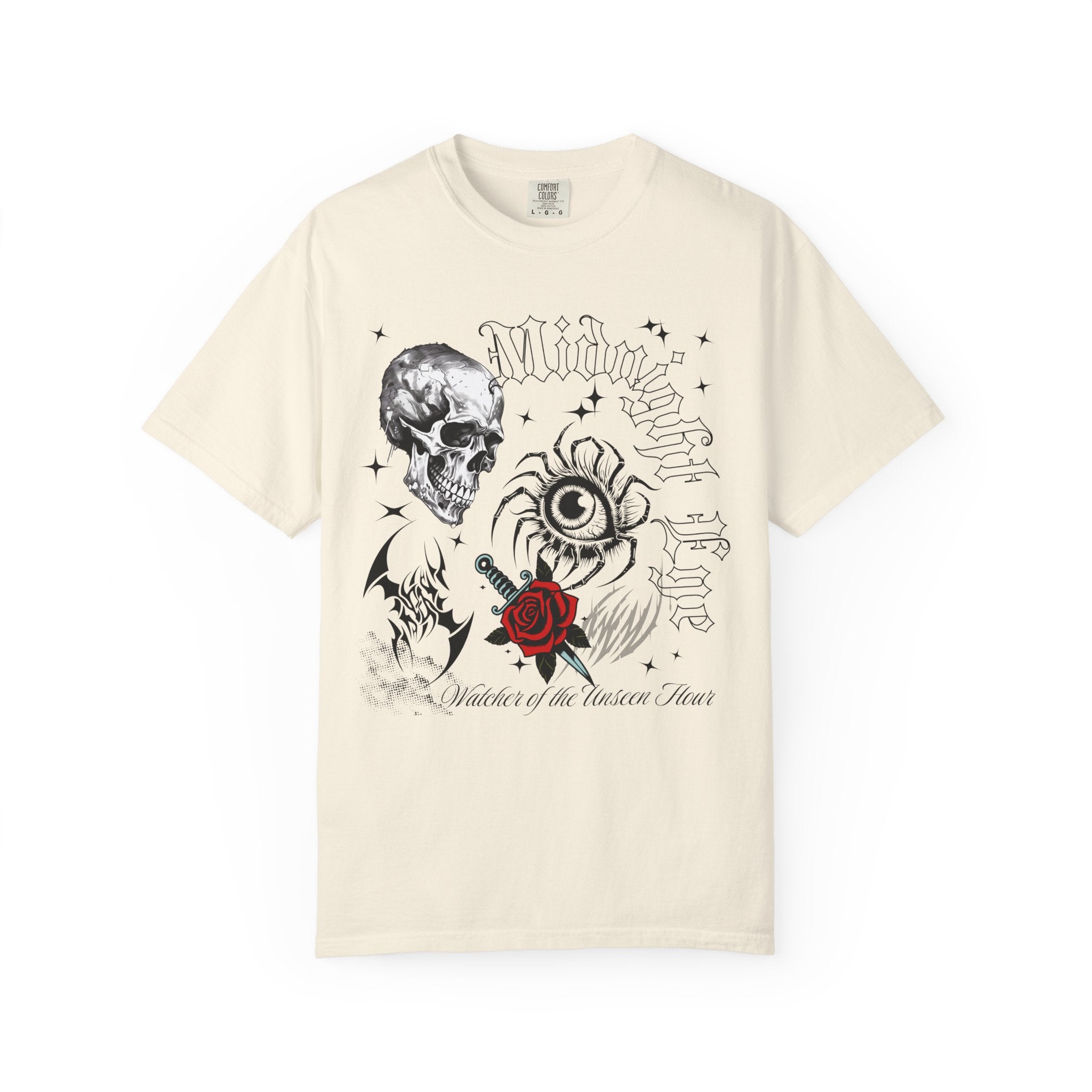 Skull, Red Rose & Eye Tattoo Art T-Shirt — Gothic Streetwear Tee. Midnight Eye, LLC