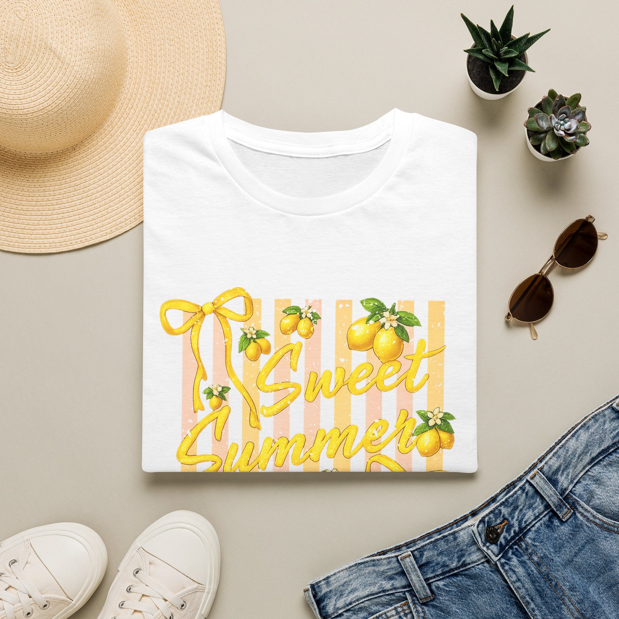 Sweet Summer Lemon Striped T-Shirt - Cute Bows Colorful Summer T-Shirt. Midnight Eye, LLC.