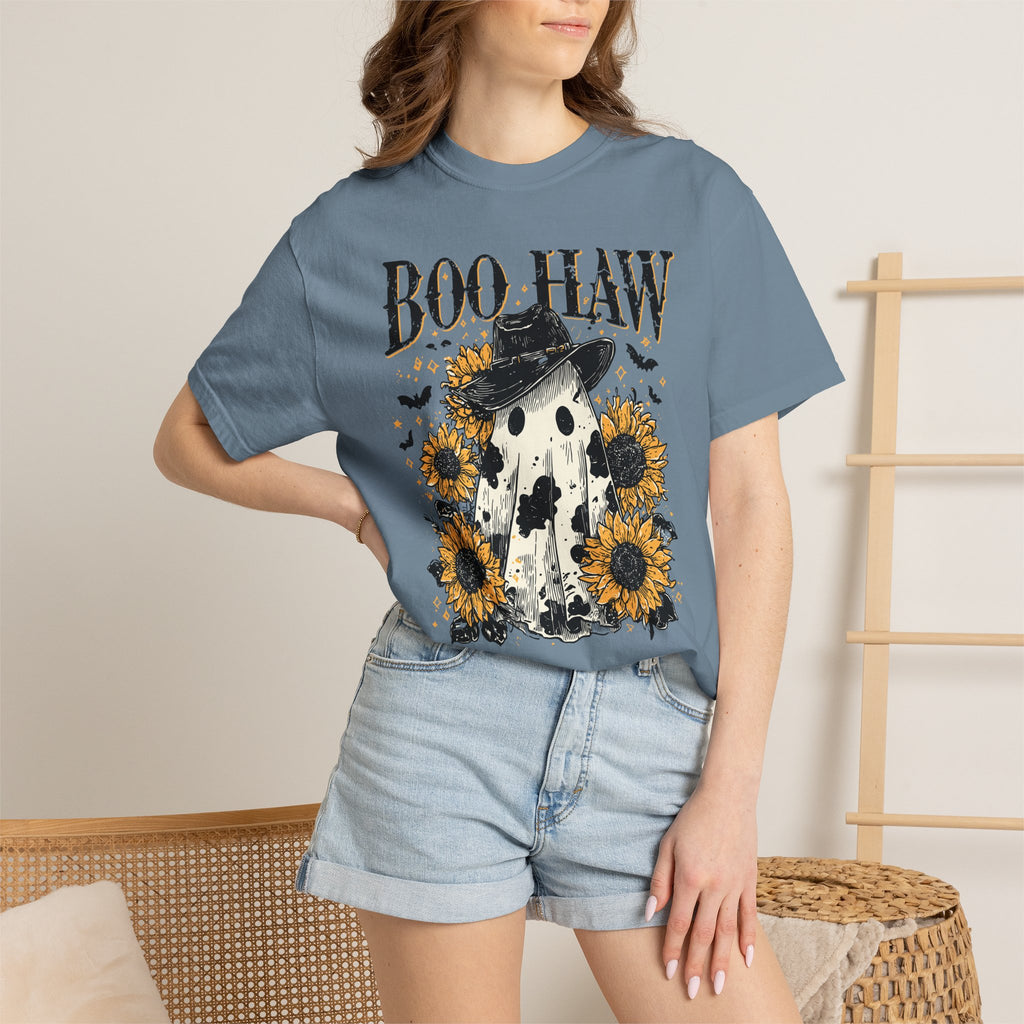 Boo Haw T-Shirt — Halloween Ghost with Cowboy Hat & Sunflowers. Midnight Eye, LLC