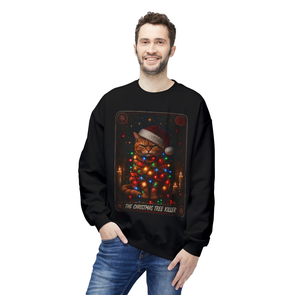 Funny Christmas Cat Crewneck Sweatshirt - "The Christmas Tree Killer" Holiday Sweater. Midnight Eye, LLC