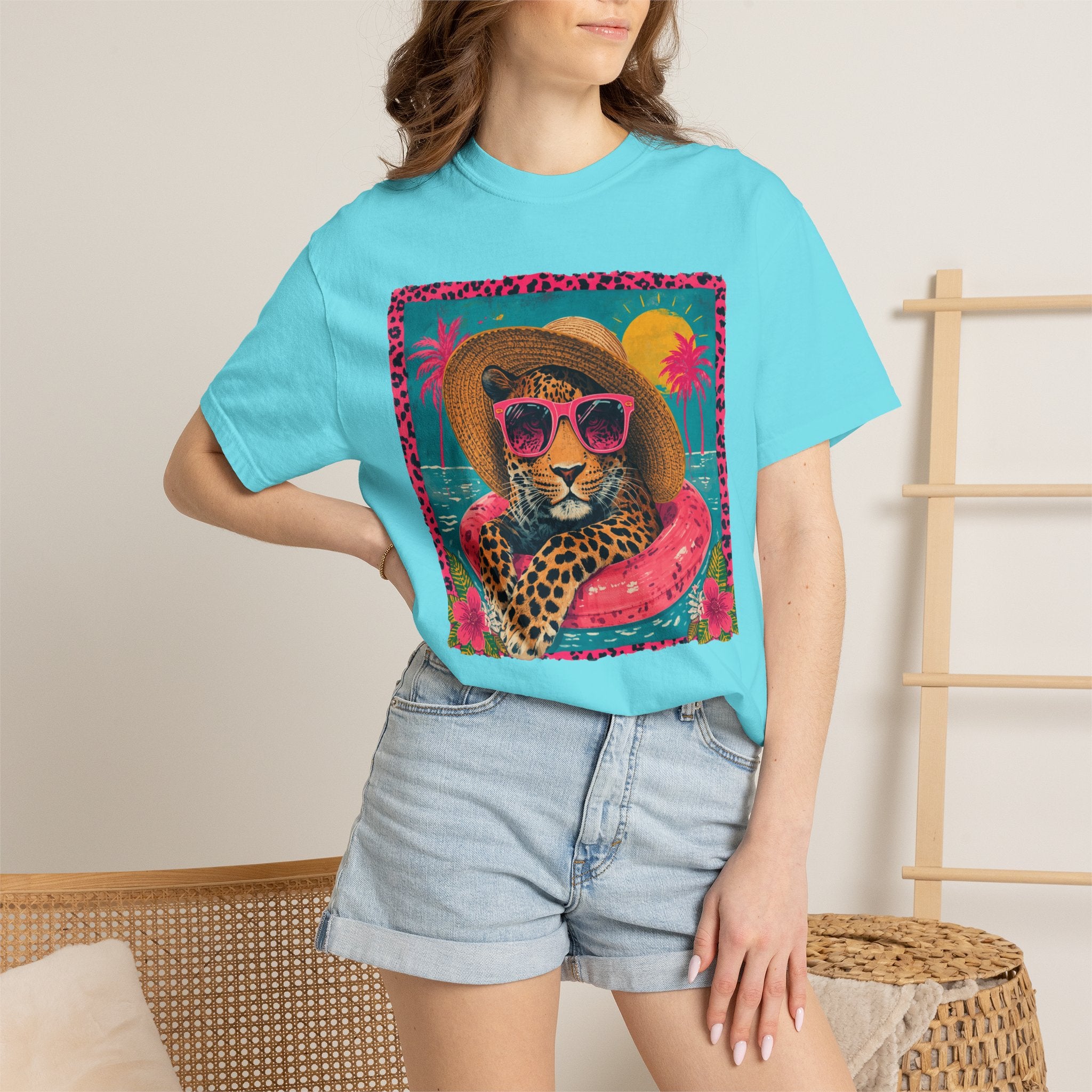 T-Shirt — Tropical Leopard in Sunglasses Summer Graphic - Sassy Vacation T-Shirt. Midnight Eye, LLC.