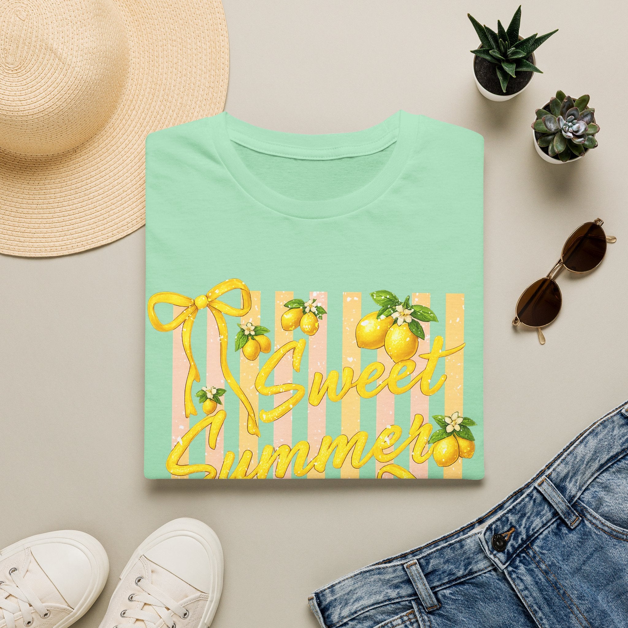 Sweet Summer Lemon Striped T-Shirt - Cute Bows Colorful Summer T-Shirt. Midnight Eye, LLC