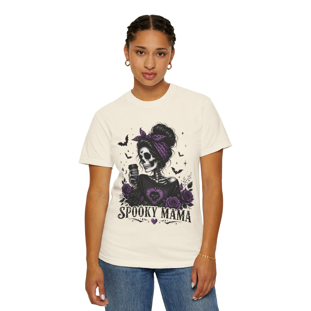 Spooky Mama T-Shirt — Gothic Skull  and Bats Mom Tee with Purple Roses. Midnight Eye, LLC. 