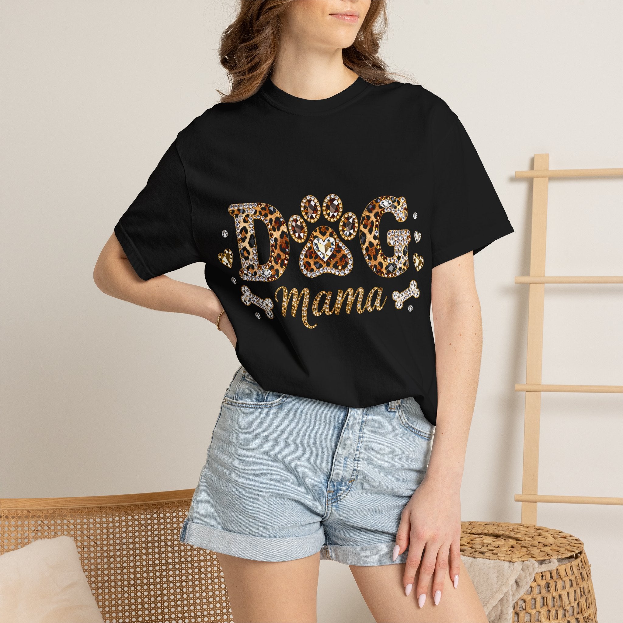Faux Diamond Print Dog Mama Leopard Paw T-Shirt — Vintage Dog Mom Tee. Midnight Eye, LLC. 