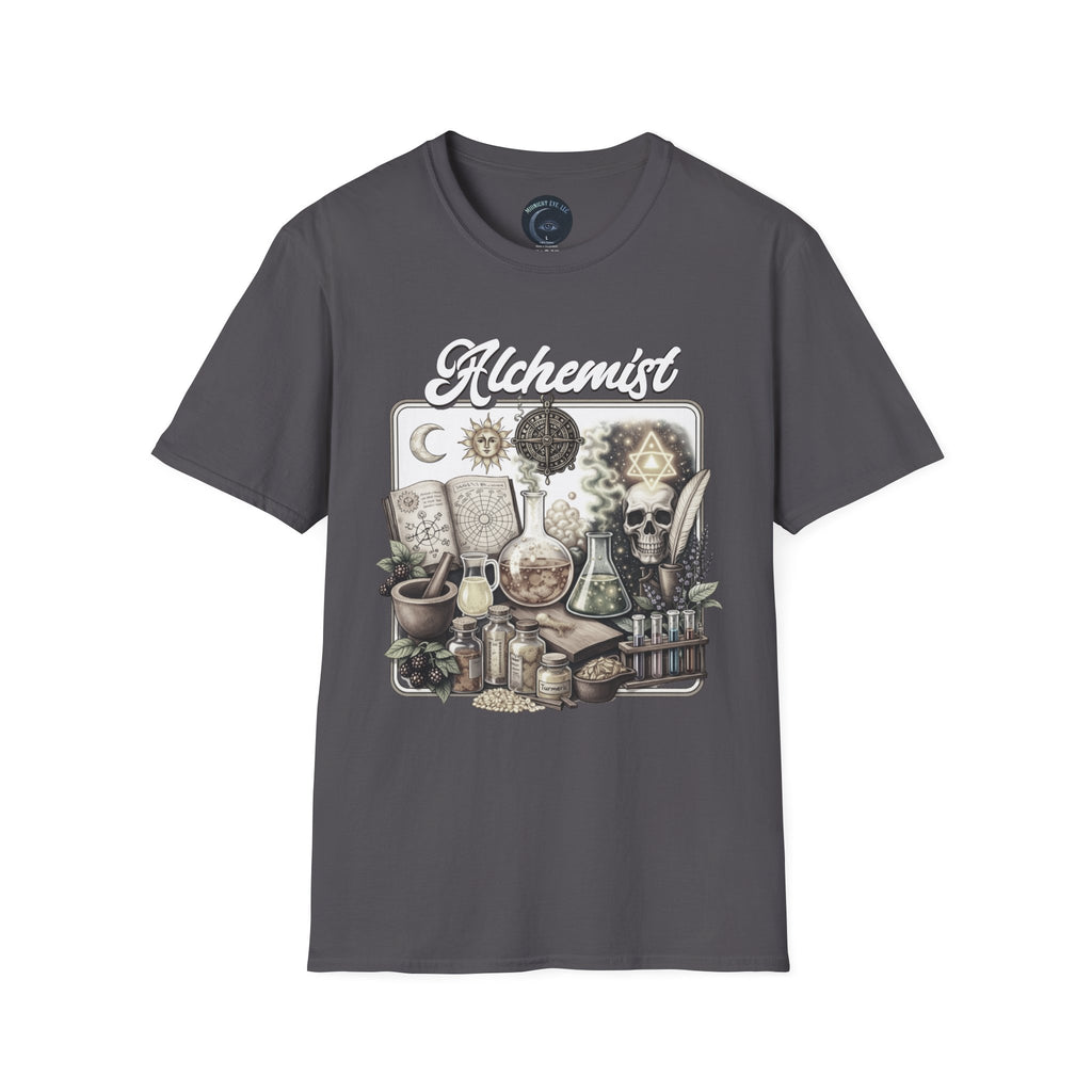 Alchemist Graphic T-Shirt — Vintage Apothecary Potion & Skull Design - Mystical Tee. Midnight Eye, LLC
