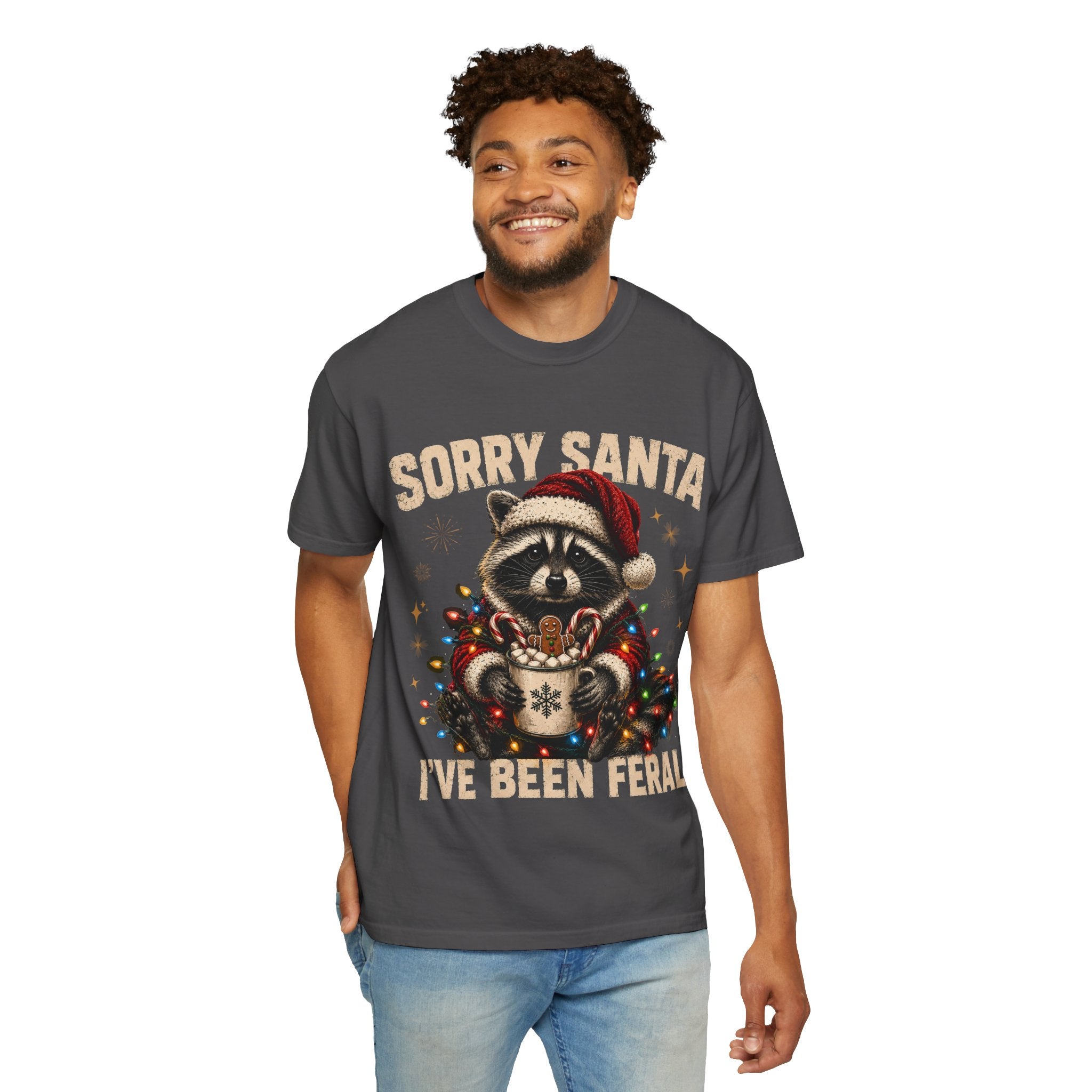 Sorry Santa I've Been Feral Cute Raccoon Christmas T-Shirt - Funny Racoon Tee