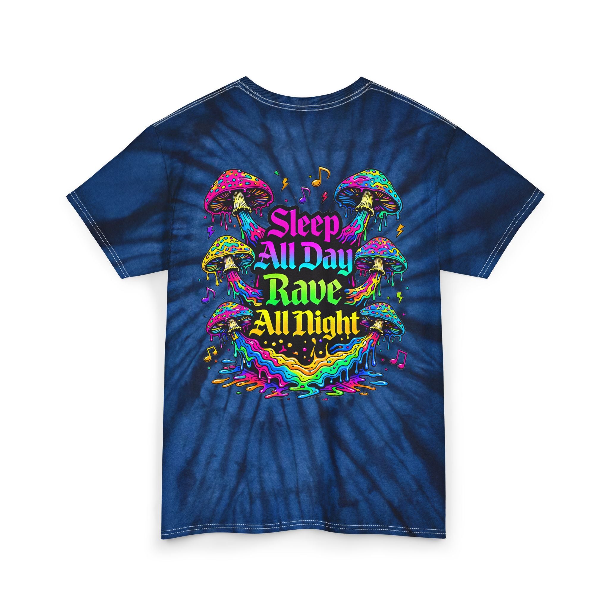 Tie Dye T‑Shirt — "Sleep All Day, Rave All Night" Psychedelic Mushroom Tee - Midnight Eye, LLC