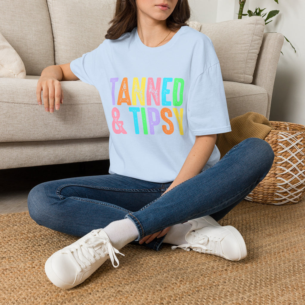 Tanned & Tipsy Beach Vacation T-Shirt - Colorful Vacation T-Shirt - Funny Summer Tee. Midnight Eye, LLC.