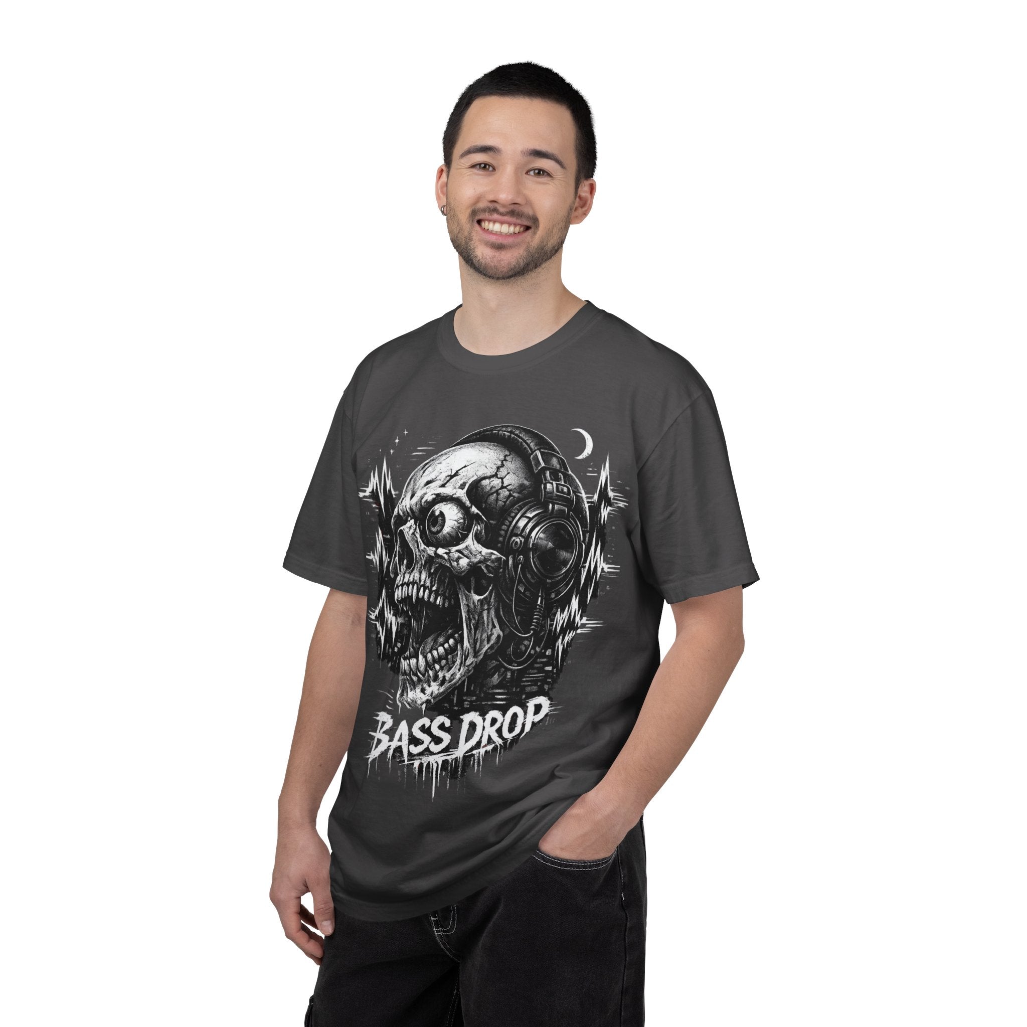 Bass Drop Skull T-Shirt — DJ Headphones Graphic Tee - Streetwear T-Shirt. Midnight Eye, LLC