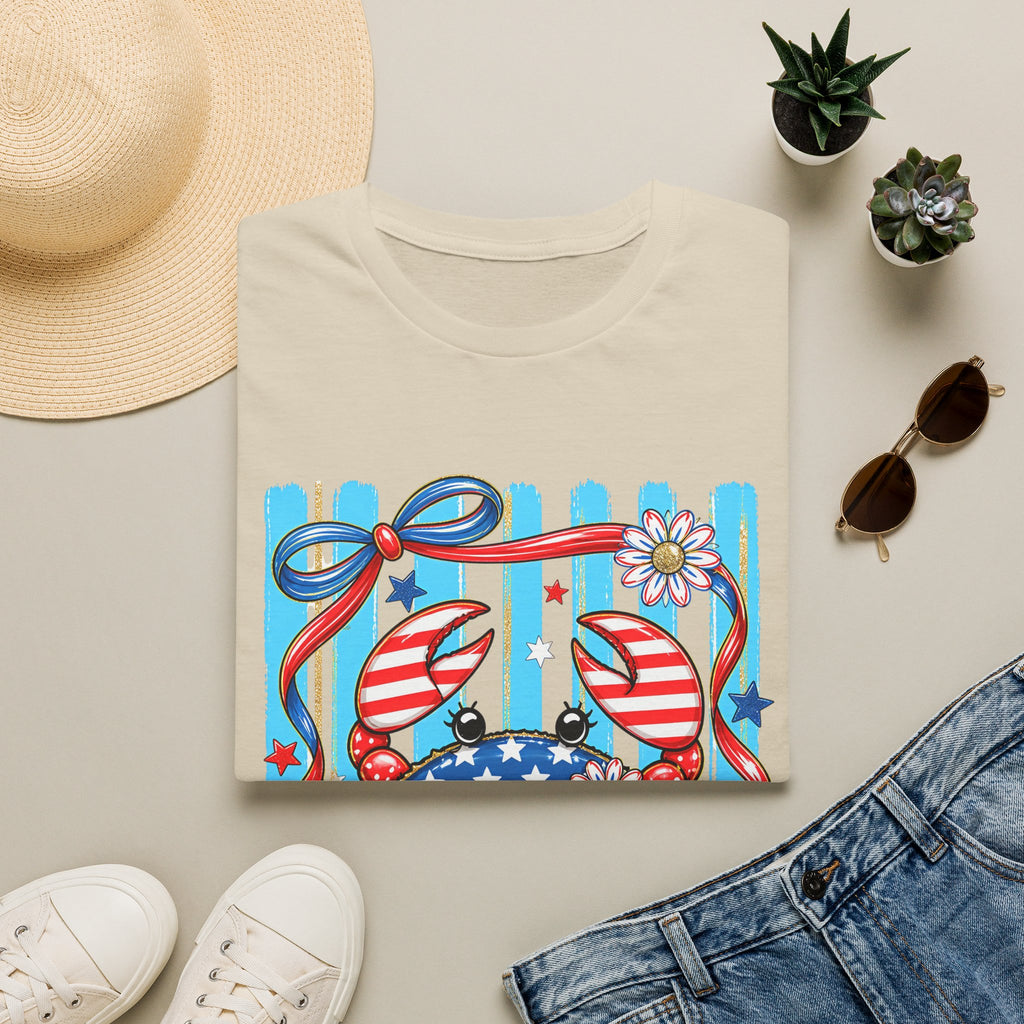 Patriotic Crab T-Shirt — American Flag Red White Blue Beach Tee Patriotic Crab T-Shirt — Preppy Cute and Funny Crab Tee. Midnight Eye, LLC.