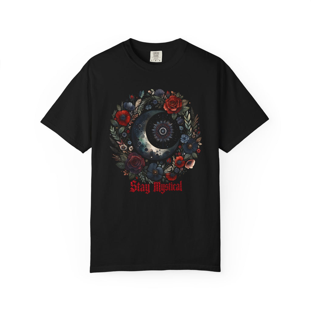 Mystical Moon T-Shirt — “Stay Mystical” Floral Crescent Tee - Dark Aesthetic T-Shirt. Midnight Eye, LLC.