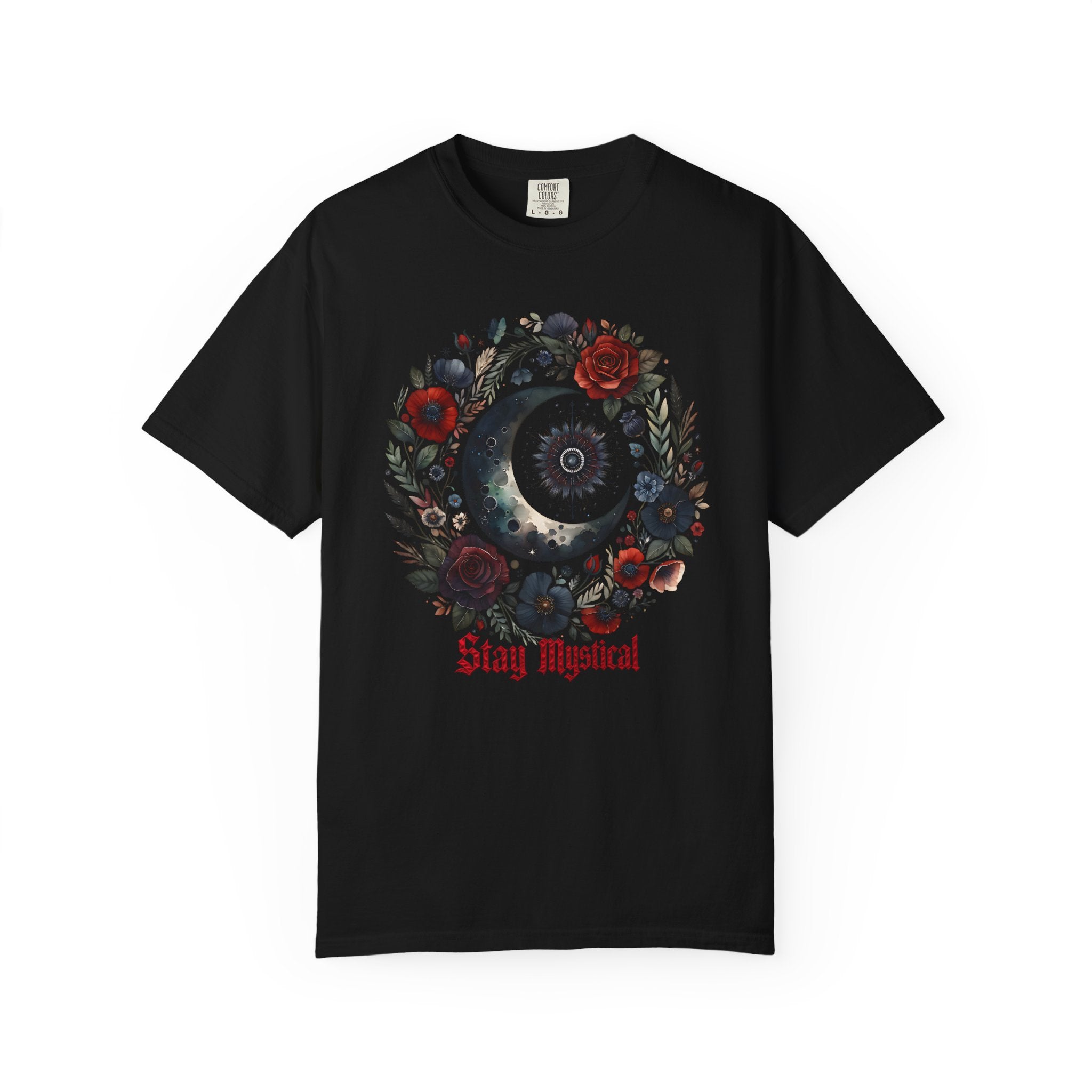 Mystical Moon T-Shirt — “Stay Mystical” Floral Crescent Tee - Dark Aesthetic T-Shirt. Midnight Eye, LLC.