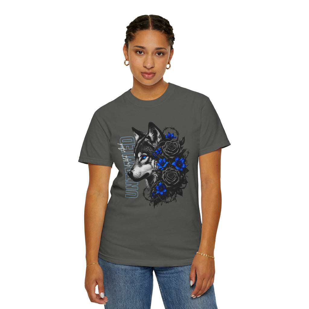 Wolf Floral T-Shirt — "Untamed" Graphic Tee with Blue & Black Roses. Midnight Eye, LLC.