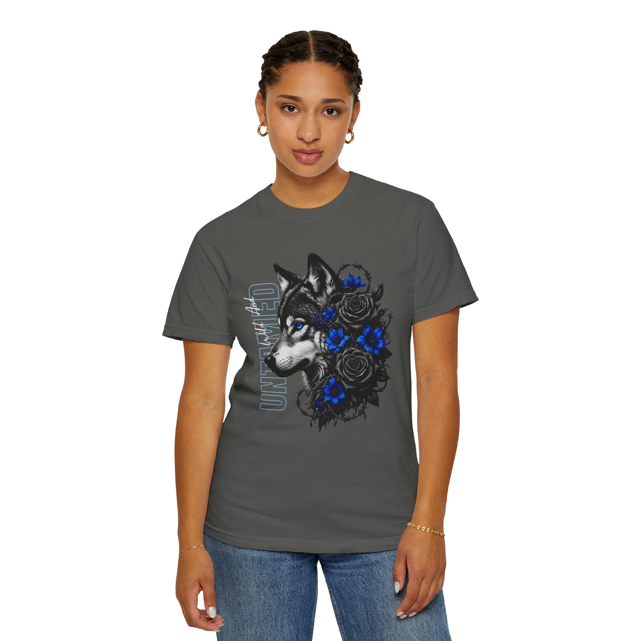 Wolf Floral T-Shirt — "Untamed" Graphic Tee with Blue & Black Roses. Midnight Eye, LLC.