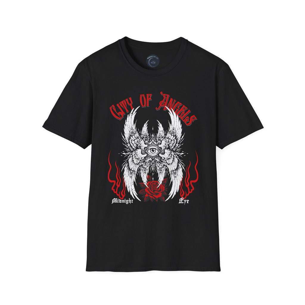 Winged Eye & Red Rose Graphic Tee — Streetwear T-Shirt - Goth Distressed Tee. Midnight Eye, LLC.
