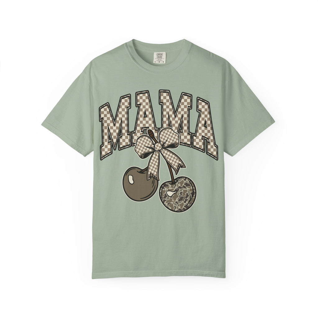 Mama Cherry Graphic T-Shirt — Retro Checkerboard Cherry Design. Midnight Eye, LLC
