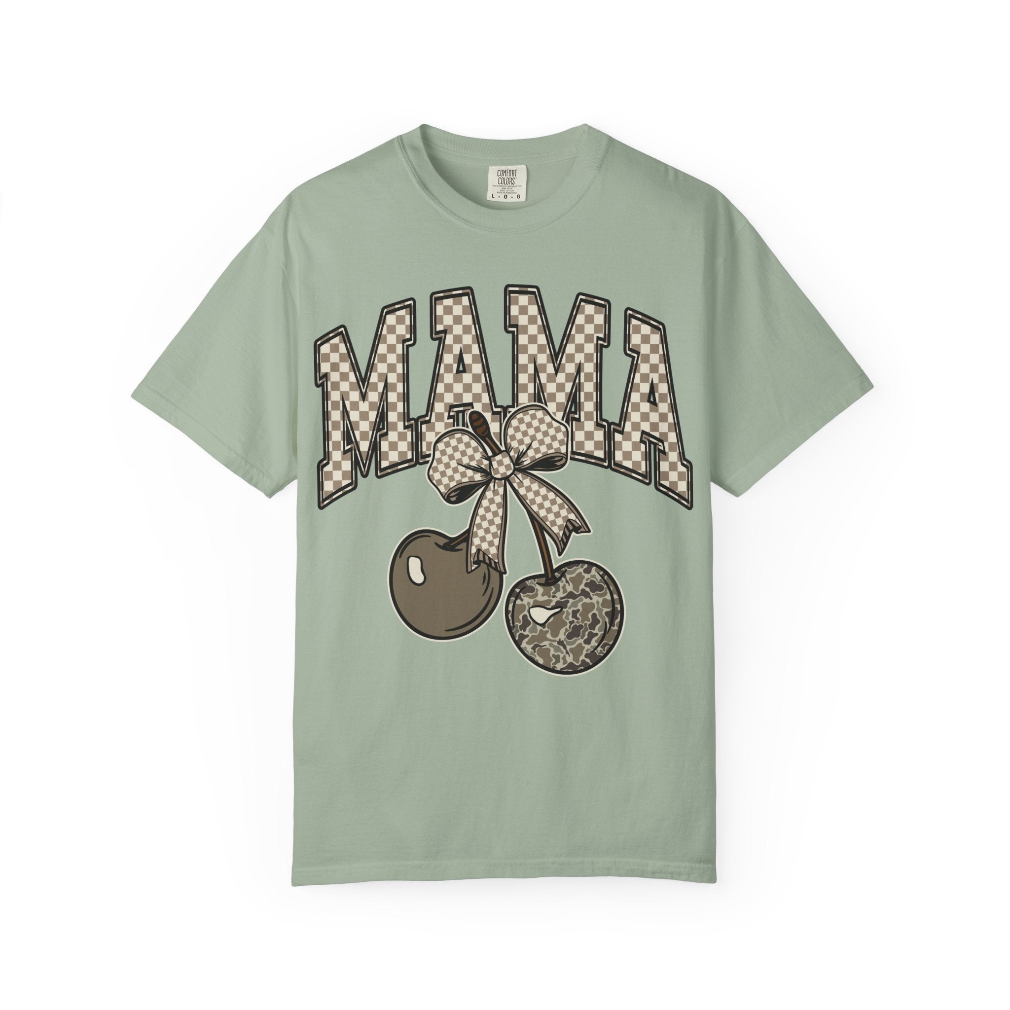 Mama Cherry Graphic T-Shirt — Retro Checkerboard Cherry Design. Midnight Eye, LLC