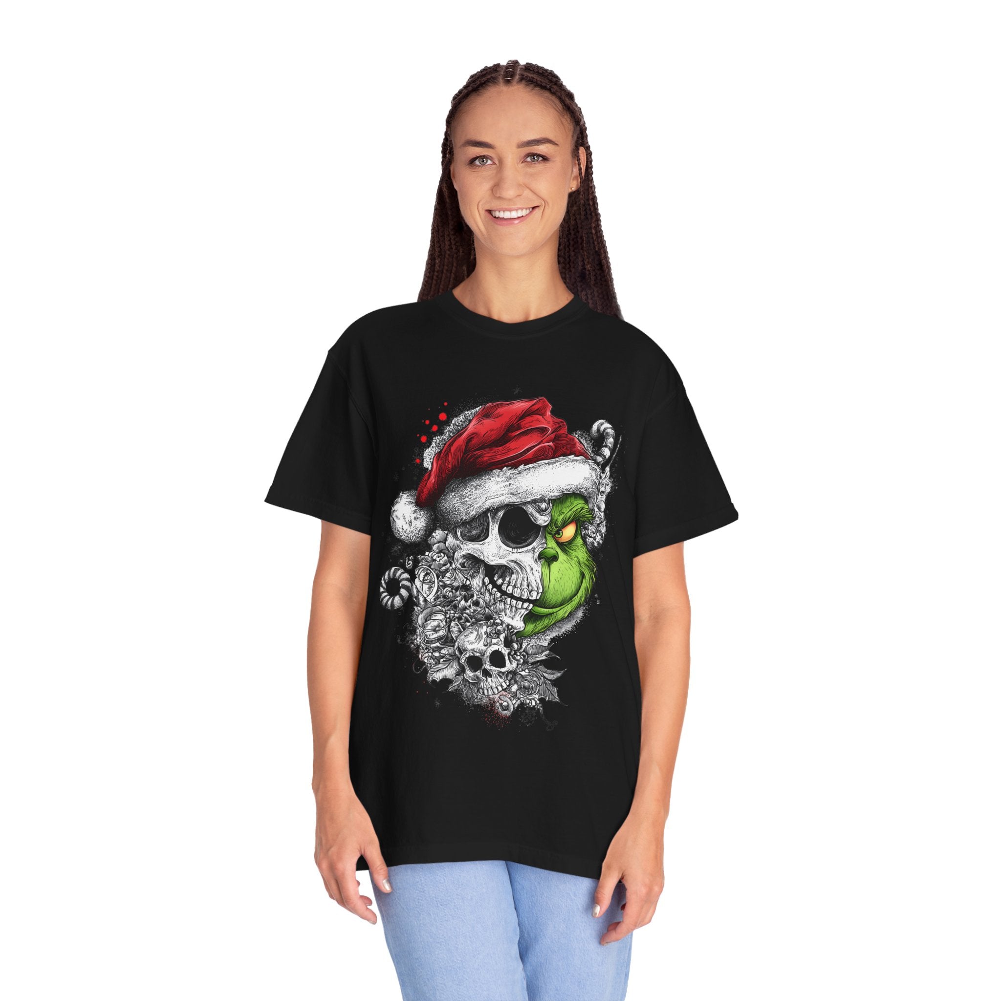 Skull & Grinch Inspired Santa T-Shirt — Edgy Gothic Christmas Graphic Tee