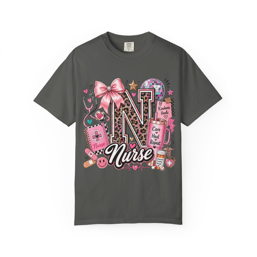 Nurse Initial 'N' Graphic T-Shirt — Pink Medical Icons Design