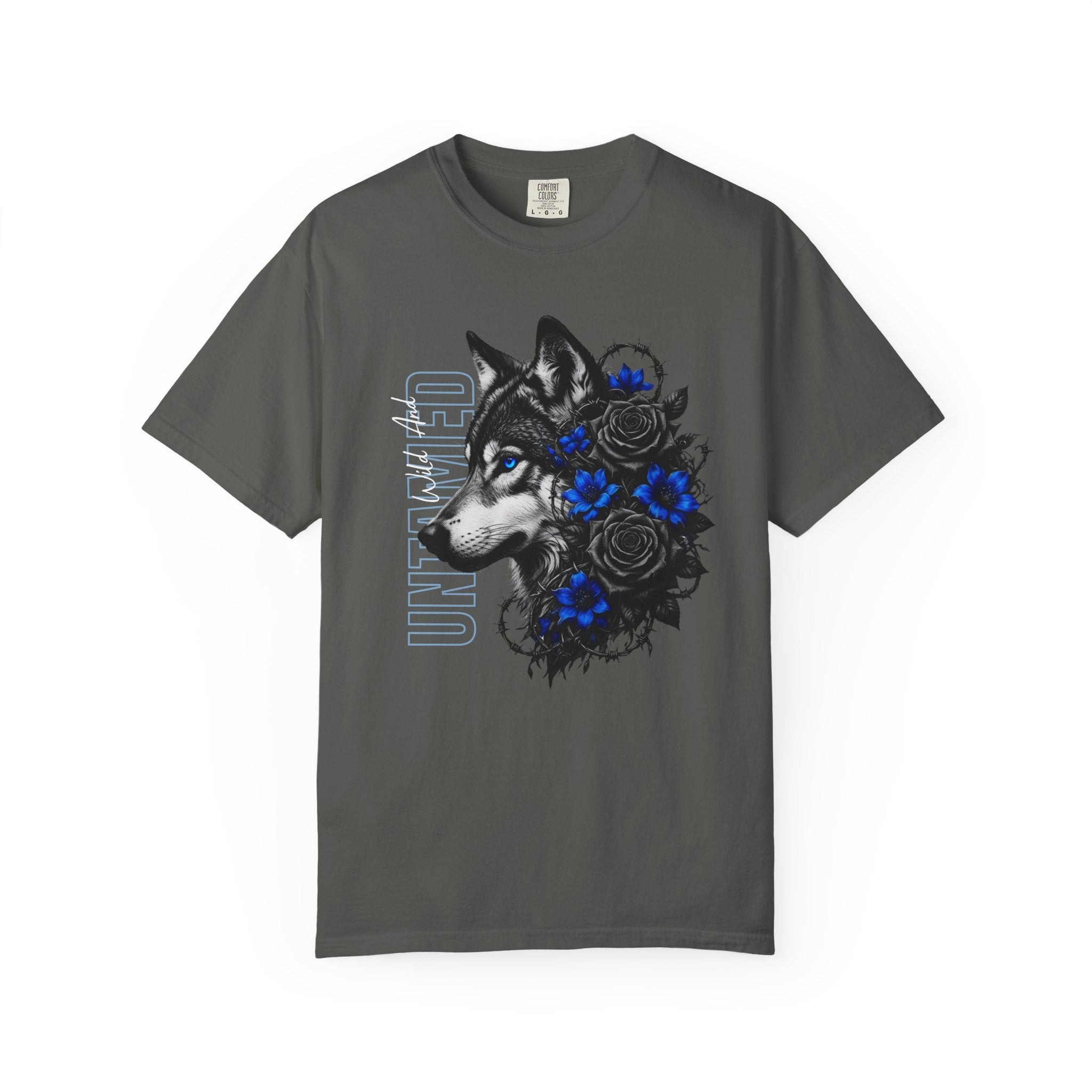 Wolf Floral T-Shirt — "Untamed" Graphic Tee with Blue & Black Roses. Midnight Eye, LLC.