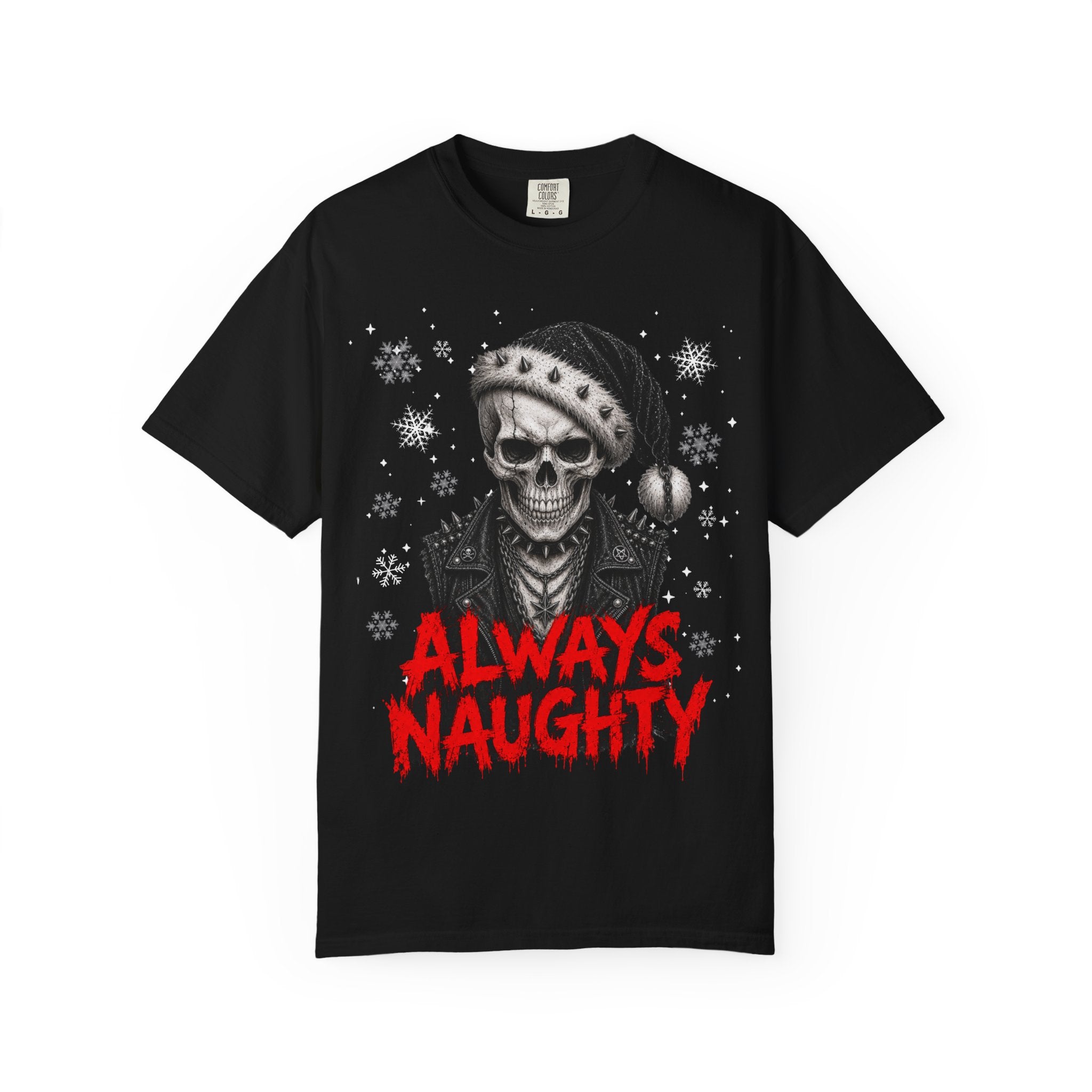 Skull with Santa Hat “Always Naughty” T-Shirt - Alternative & Gothic Christmas Tee. Midnight Eye, LLC 