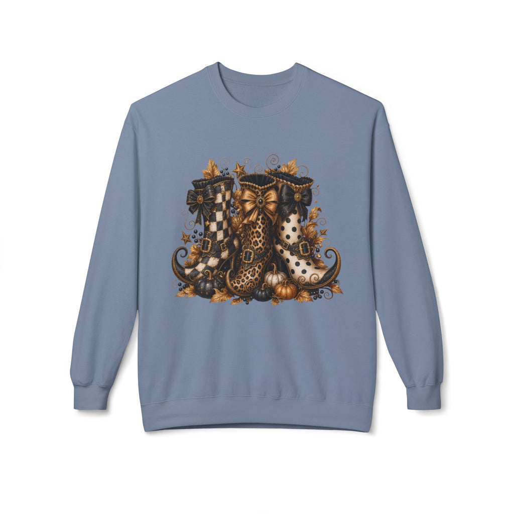 Halloween Boots Crewneck Sweatshirt — Autumn Witchy Vintage Goth Boot Trio Design