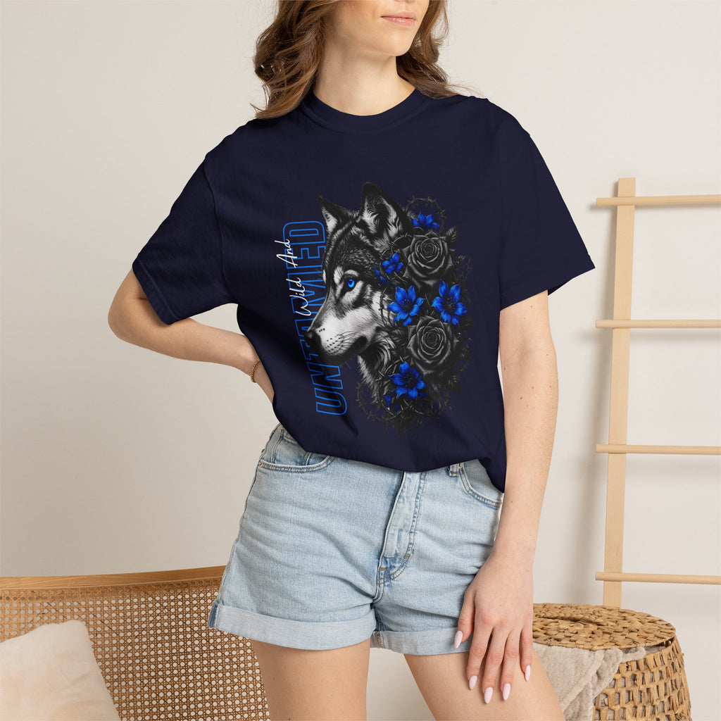 Wolf Floral T-Shirt — "Untamed" Graphic Tee with Blue & Black Roses. Midnight Eye, LLC