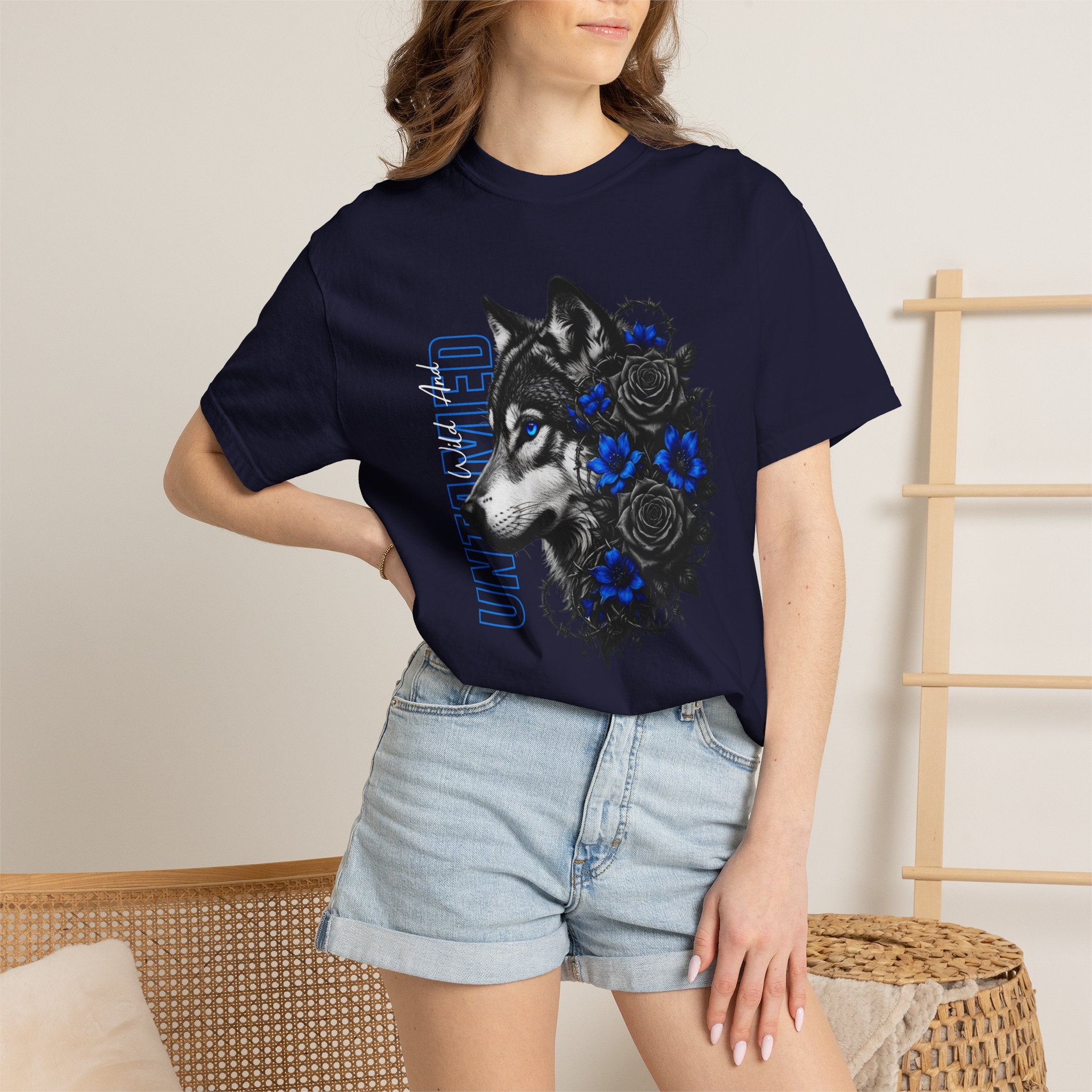 Wolf Floral T-Shirt — "Untamed" Graphic Tee with Blue & Black Roses. Midnight Eye, LLC