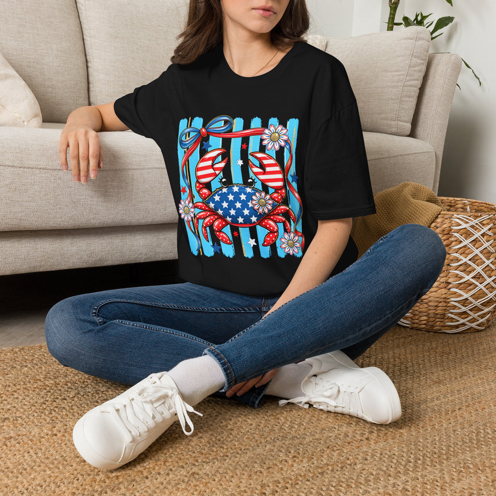 Patriotic Crab T-Shirt — American Flag Red White Blue Beach Tee Patriotic Crab T-Shirt — Preppy Cute and Funny Crab Tee. Midnight Eye, LLC.