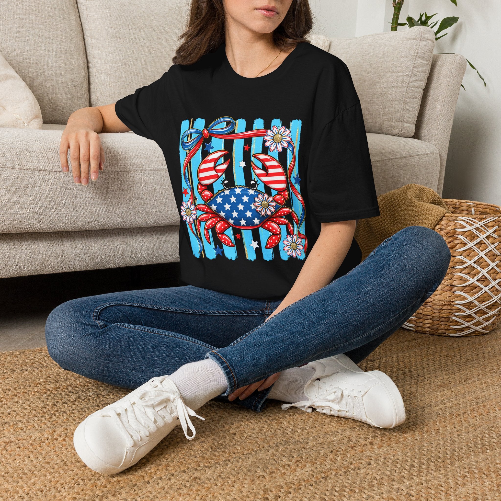 Patriotic Crab T-Shirt — American Flag Red White Blue Beach Tee Patriotic Crab T-Shirt — Preppy Cute and Funny Crab Tee. Midnight Eye, LLC.