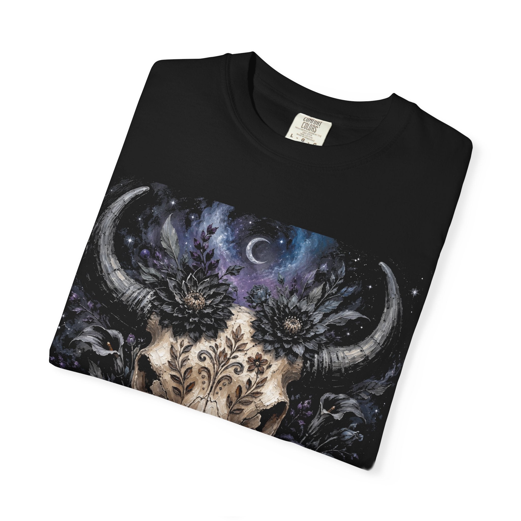 Roses Moon Skull Tee — Gothic Floral Bull Skull T-Shirt