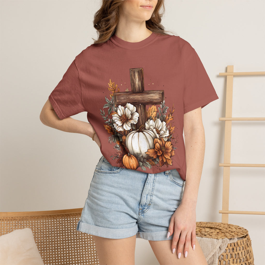 Faithful Fall Cross T-Shirt — Pumpkin & Floral Autumn Christian Tee. Midnight Eye, LLC