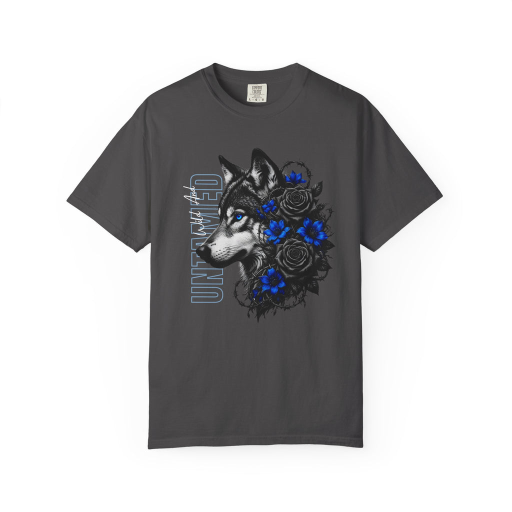 Wolf Floral T-Shirt — "Untamed" Graphic Tee with Blue & Black Roses. Midnight Eye, LLC.