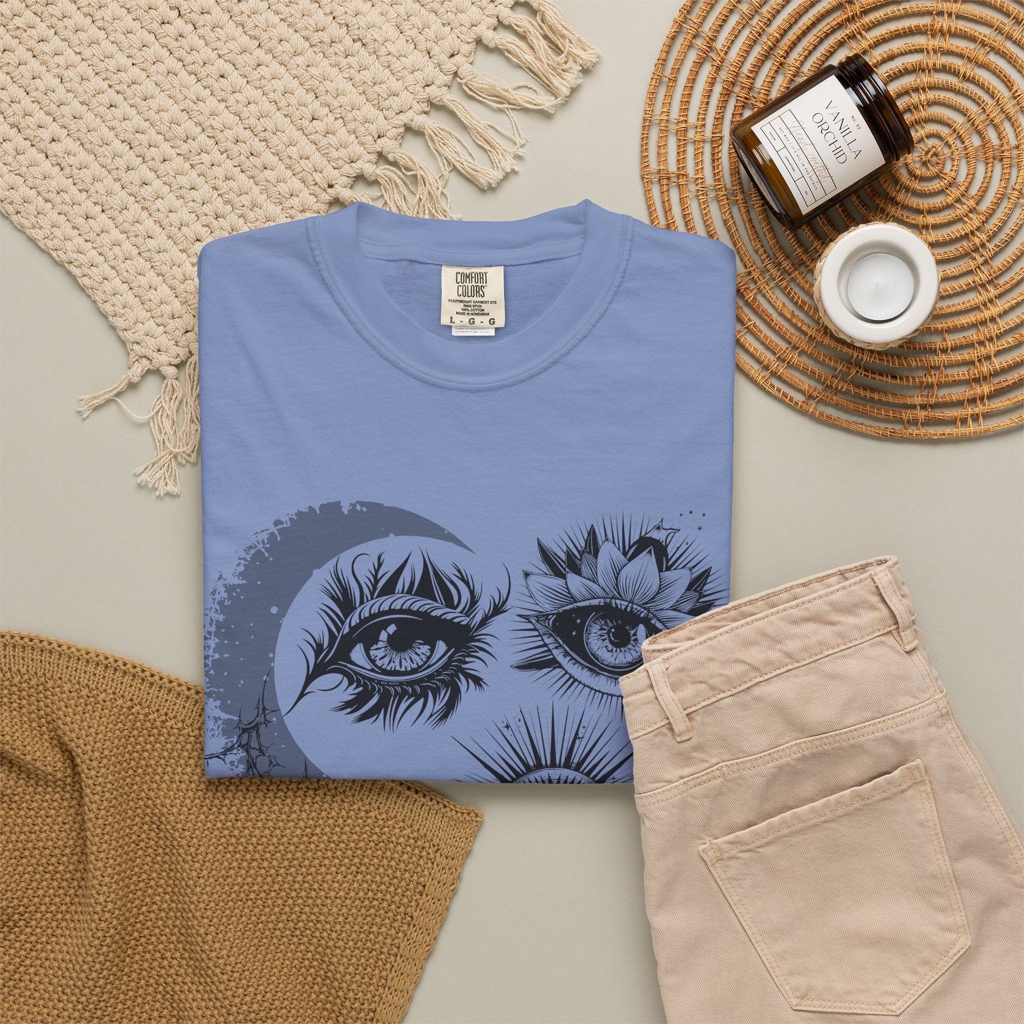 Midnight Eyes Graphic T-Shirt — Moon, Sun & Mystic Eye Illustration