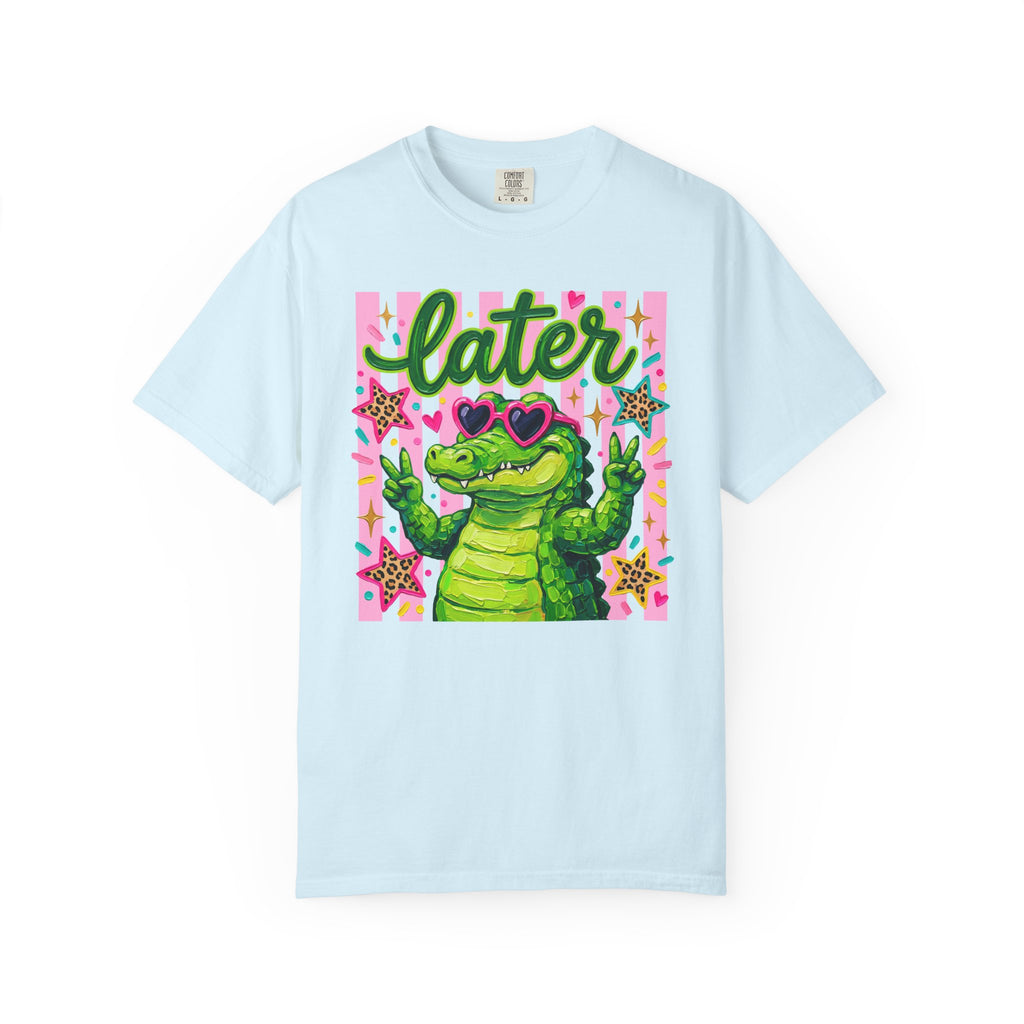 Funny Coquette Faux Brushstroke Stripped T-Shirt - Funny Alligator with Sunglasses Tee - Midnight Eye, LLC