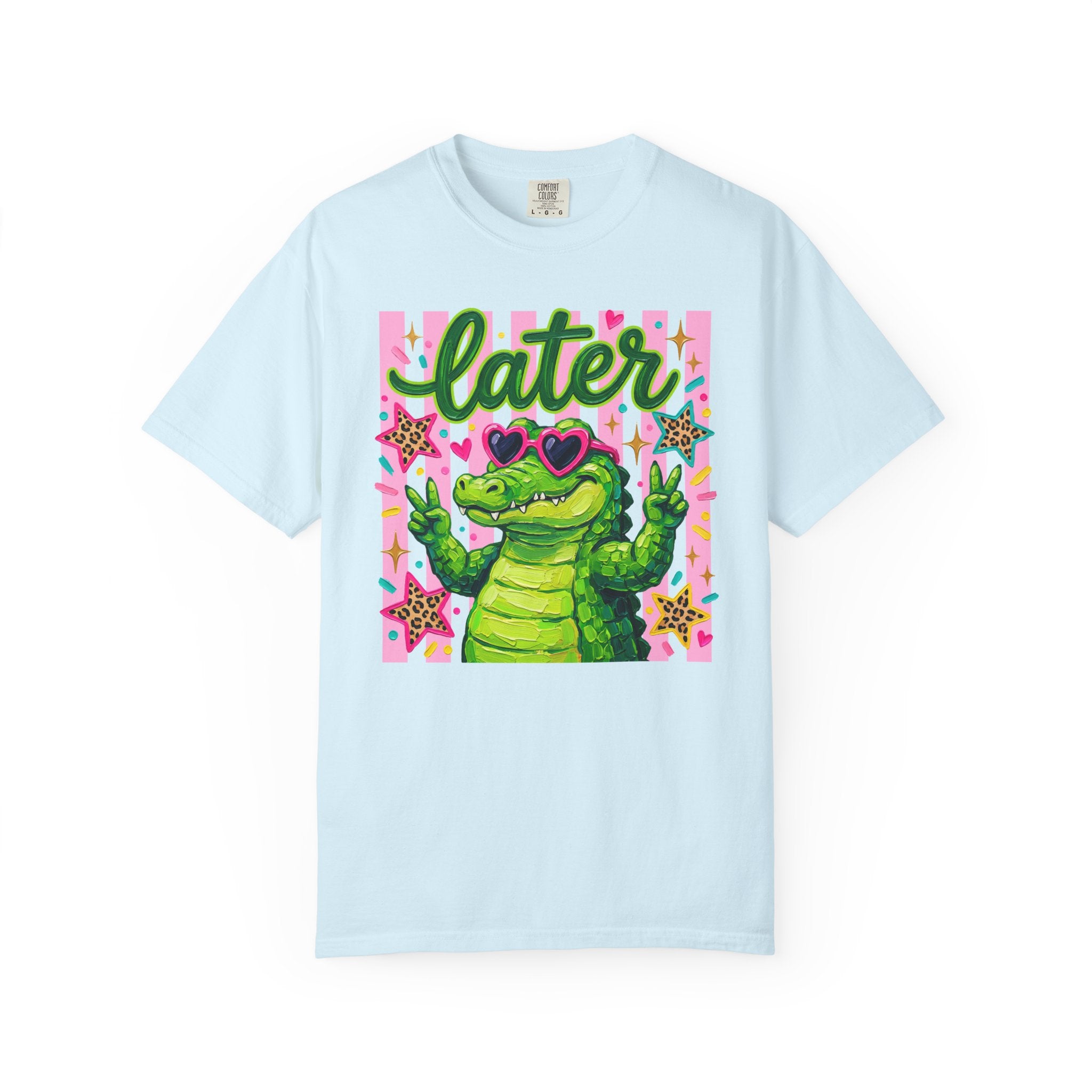 Funny Coquette Faux Brushstroke Stripped T-Shirt - Funny Alligator with Sunglasses Tee - Midnight Eye, LLC