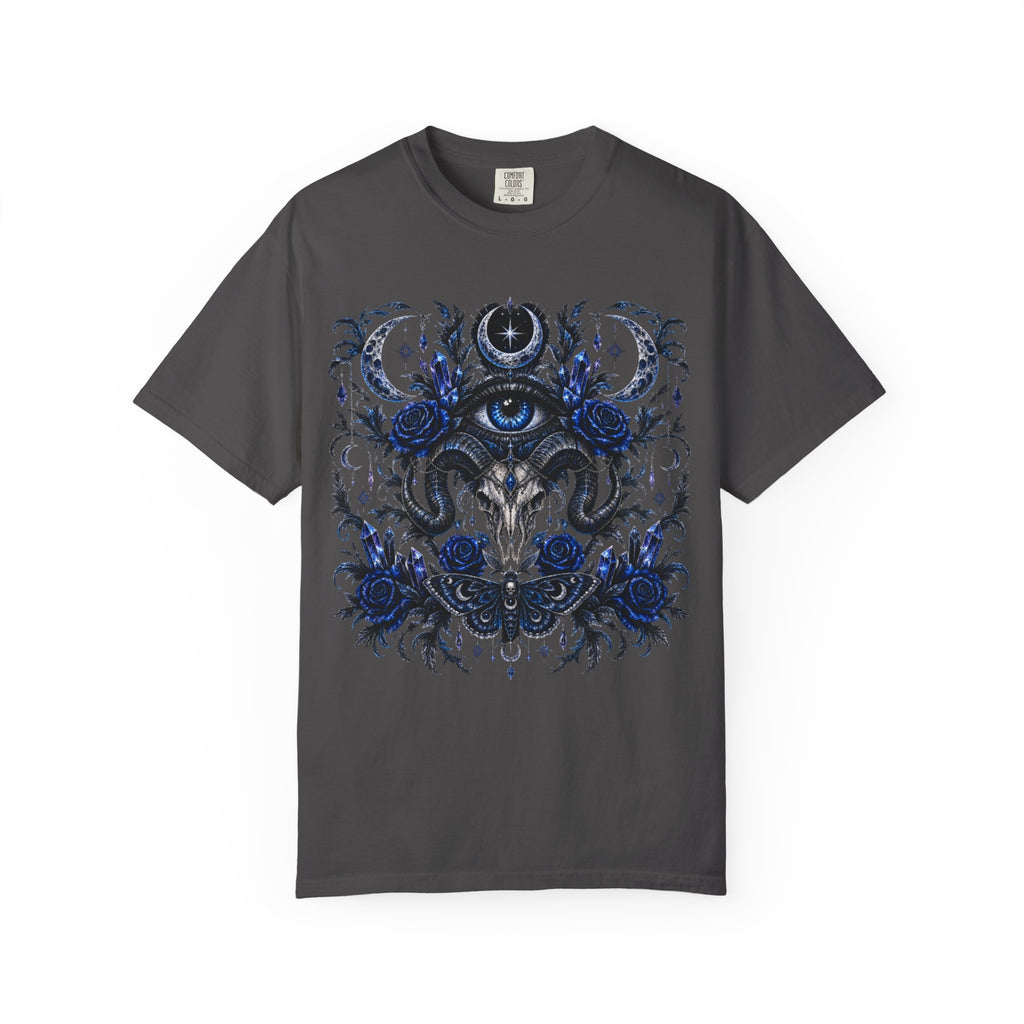 Mystical Blue Floral Eye Graphic T-Shirt - Whimsical Moon and Eye Tee
