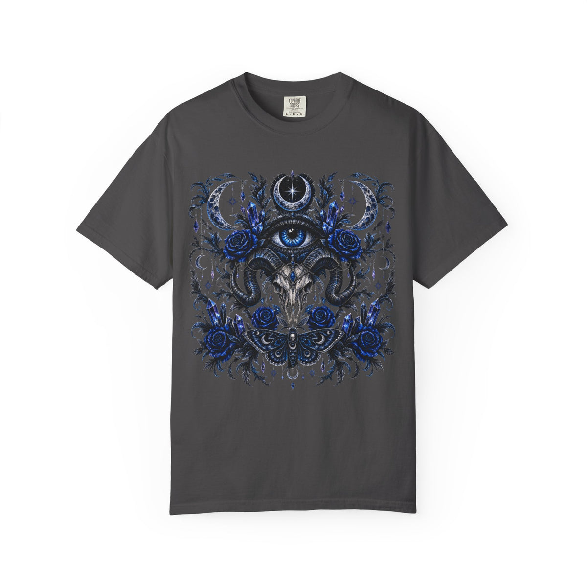 Mystical Blue Floral Eye Graphic T-Shirt - Whimsical Moon and Eye Tee