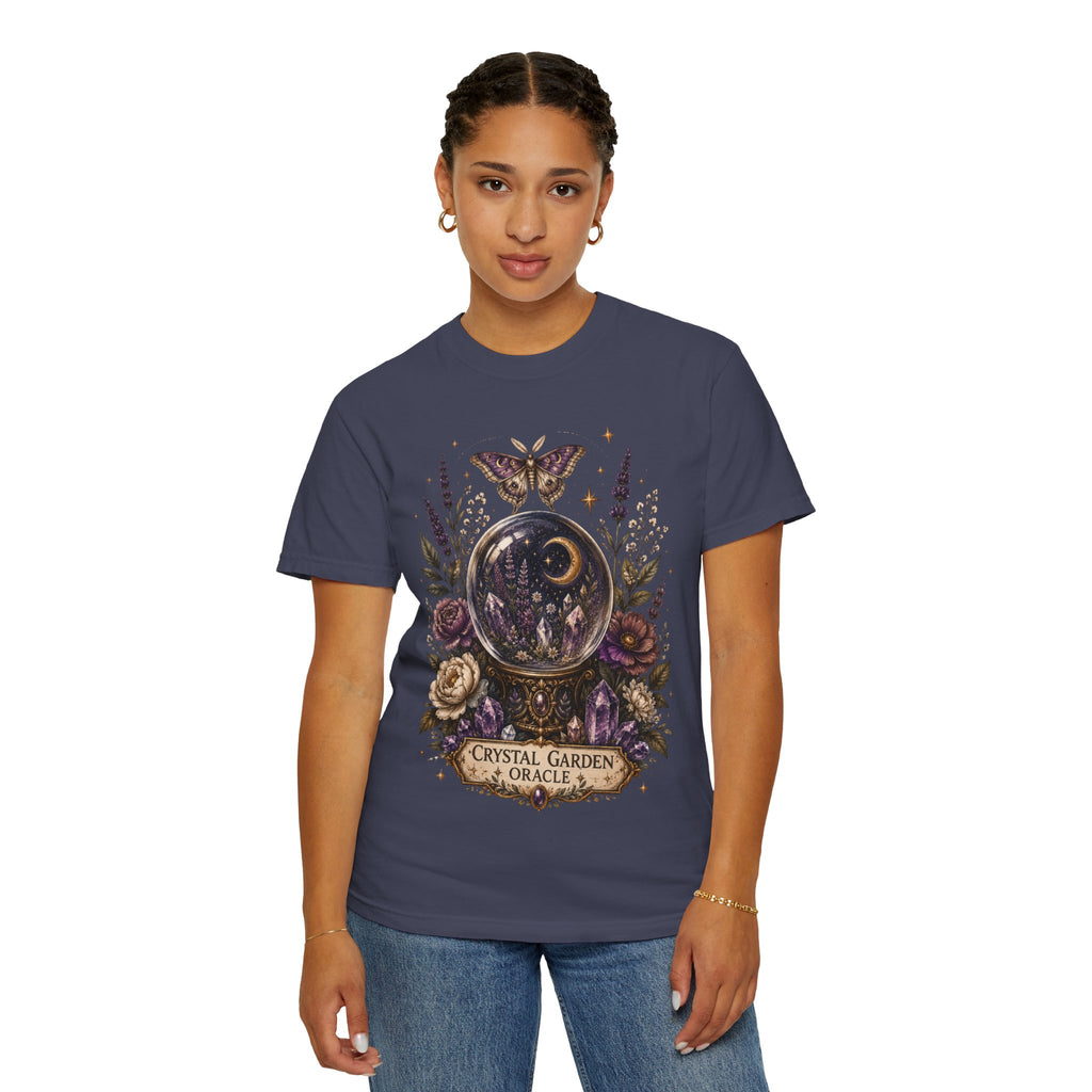 Crystal Garden Oracle T-Shirt — Mystical Moon & Crystal Ball Graphic Tee. Midnight Eye, LLC