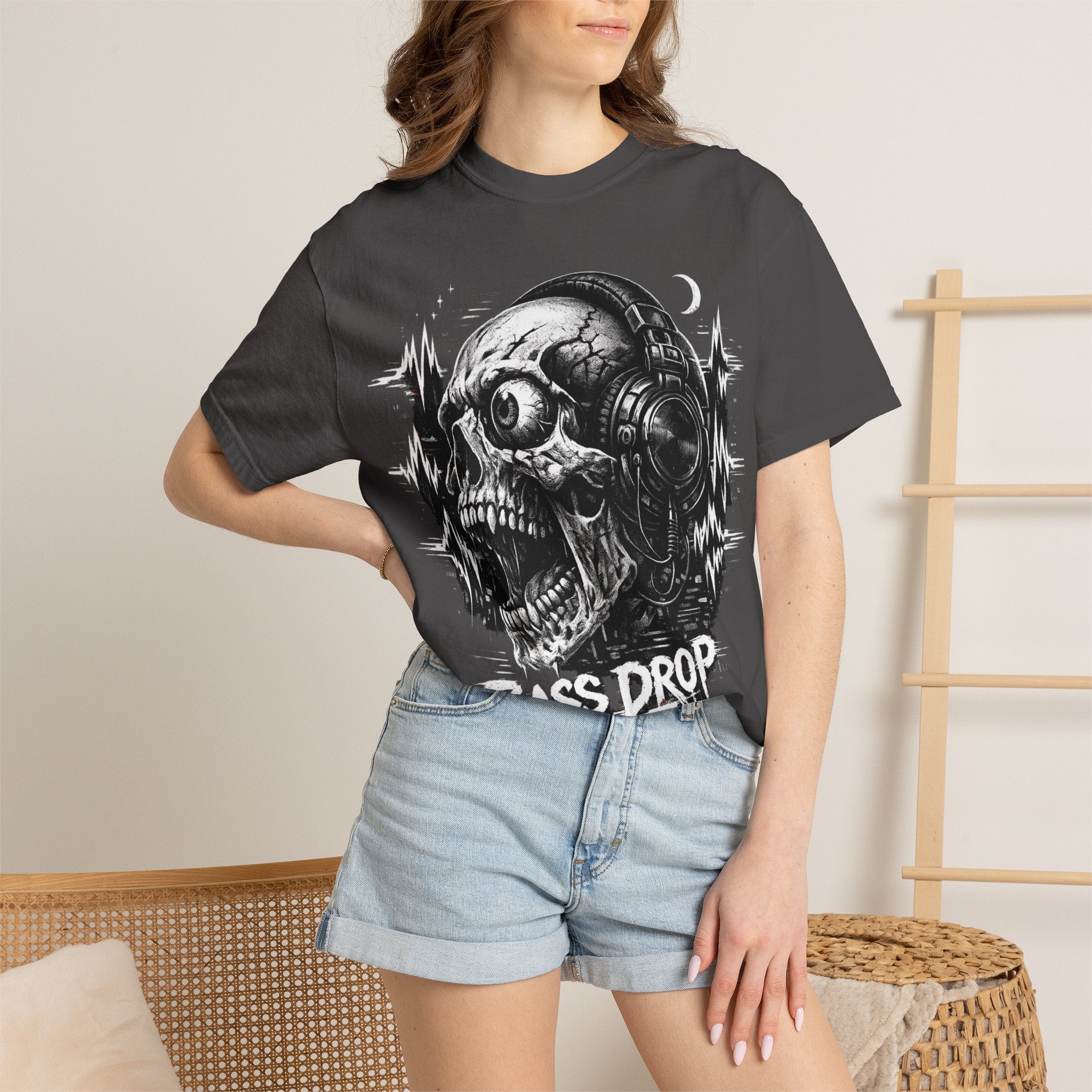 Bass Drop Skull T-Shirt — DJ Headphones Graphic Tee - Streetwear T-Shirt. Midnight Eye, LLC