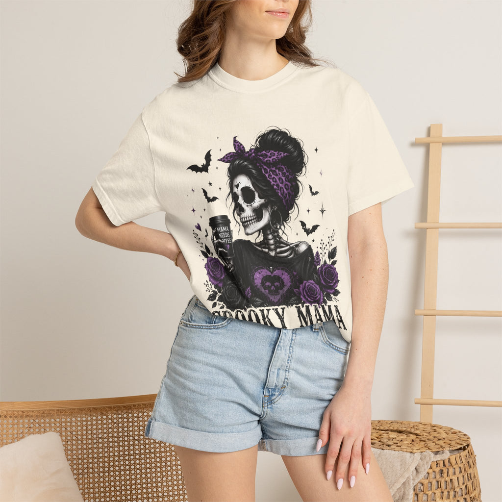 Spooky Mama T-Shirt — Gothic Skull  and Bats Mom Tee with Purple Roses. Midnight Eye, LLC. 