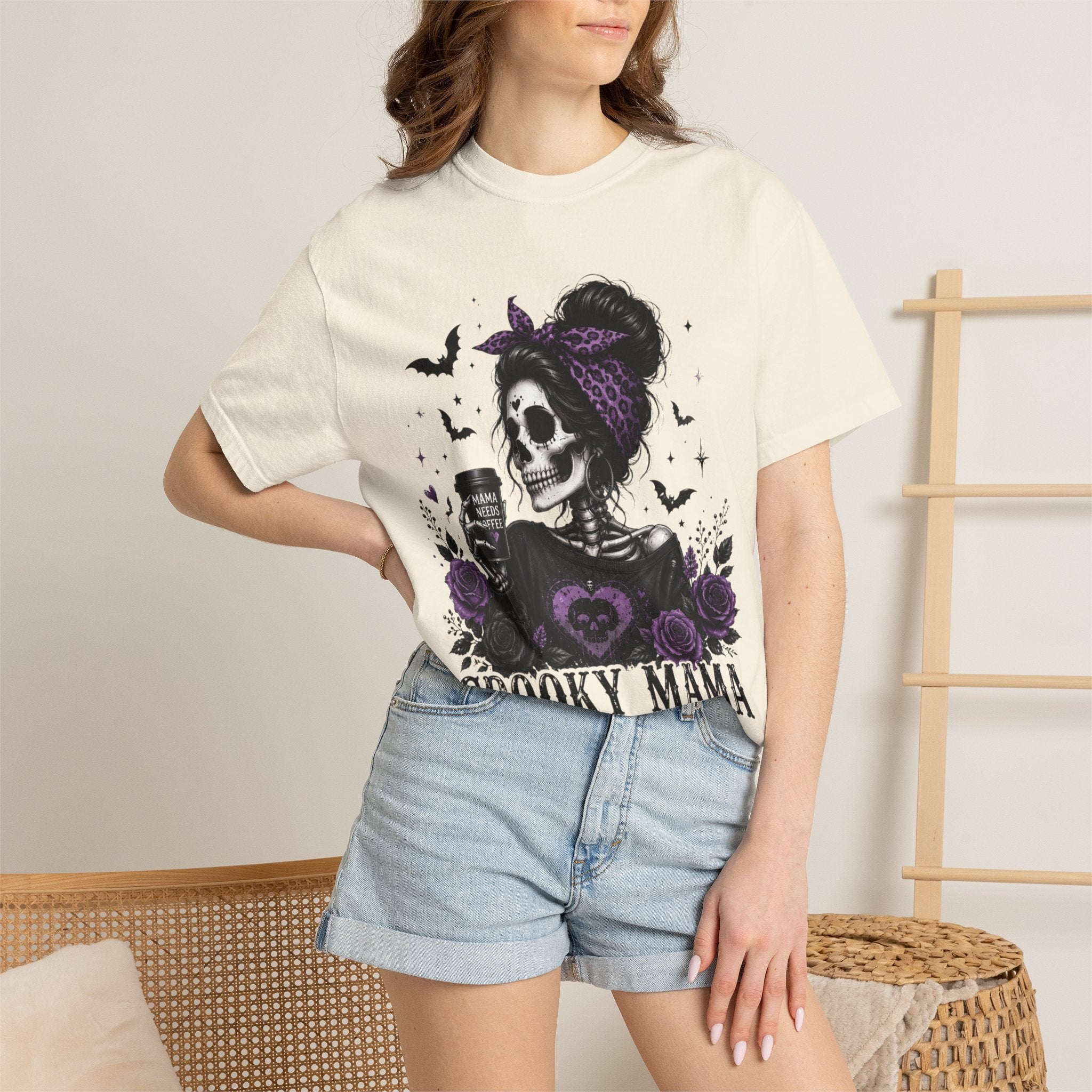 Spooky Mama T-Shirt — Gothic Skull  and Bats Mom Tee with Purple Roses. Midnight Eye, LLC. 