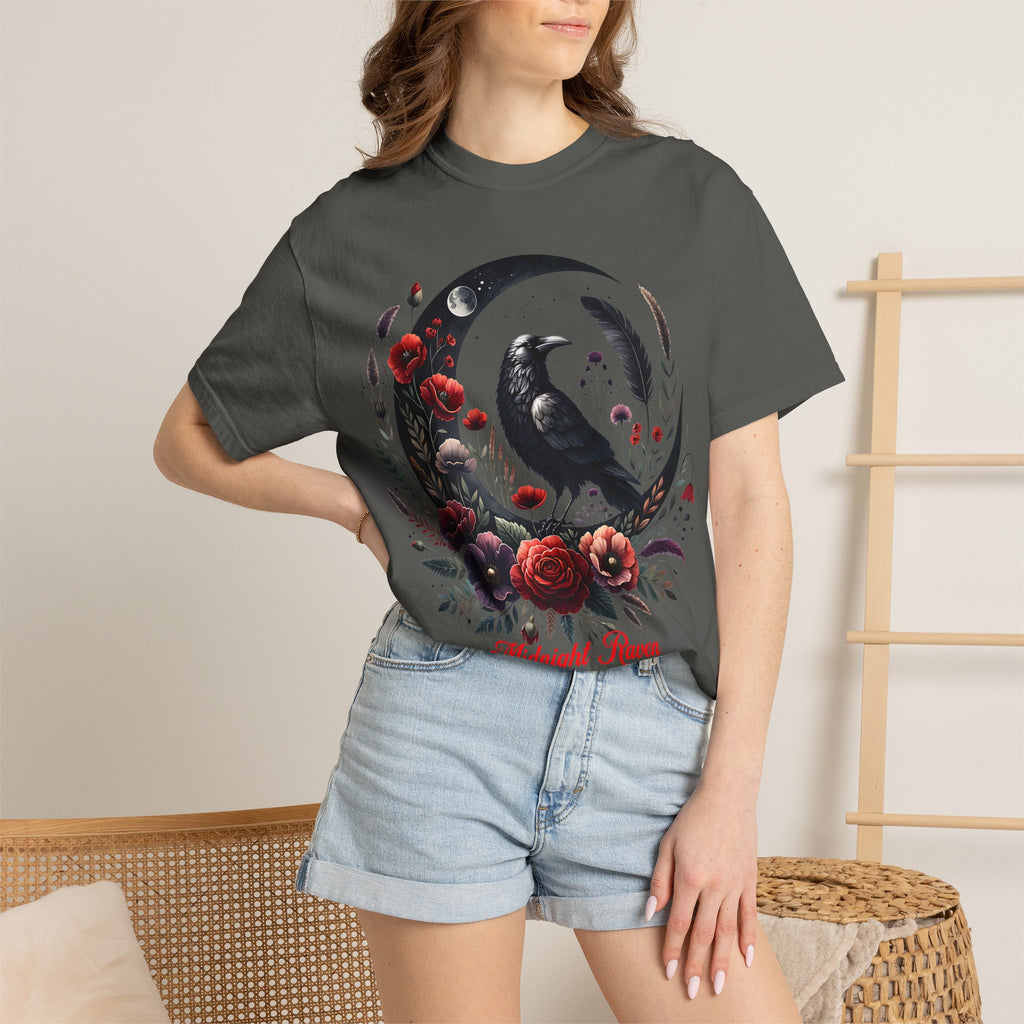 Moon Raven Floral T-Shirt — "Midnight Bloom" Graphic Tee - Mystical Moon Tee - Dark Aesthetic T-Shirt. Midnight Eye, LLC