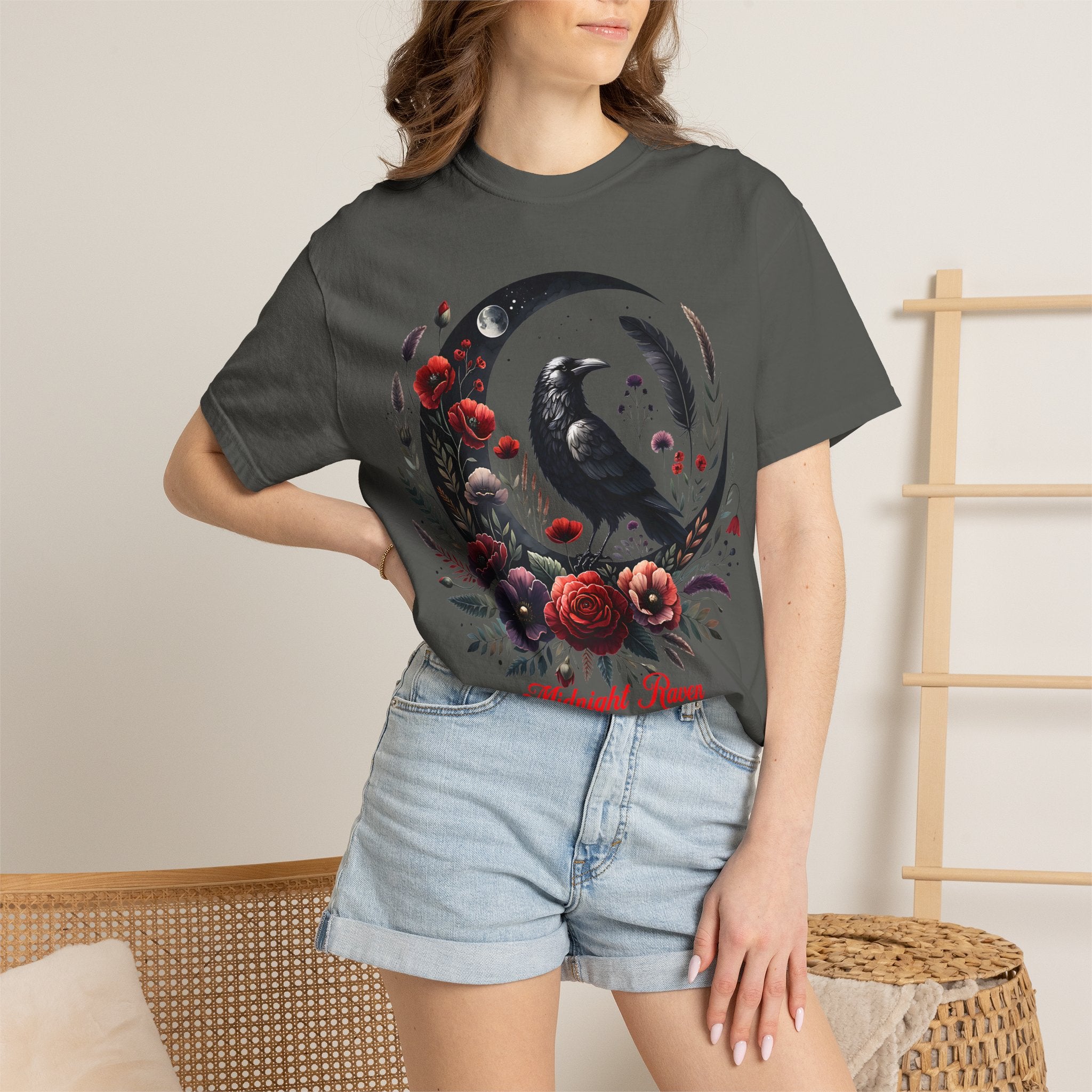 Moon Raven Floral T-Shirt — "Midnight Bloom" Graphic Tee - Mystical Moon Tee - Dark Aesthetic T-Shirt. Midnight Eye, LLC