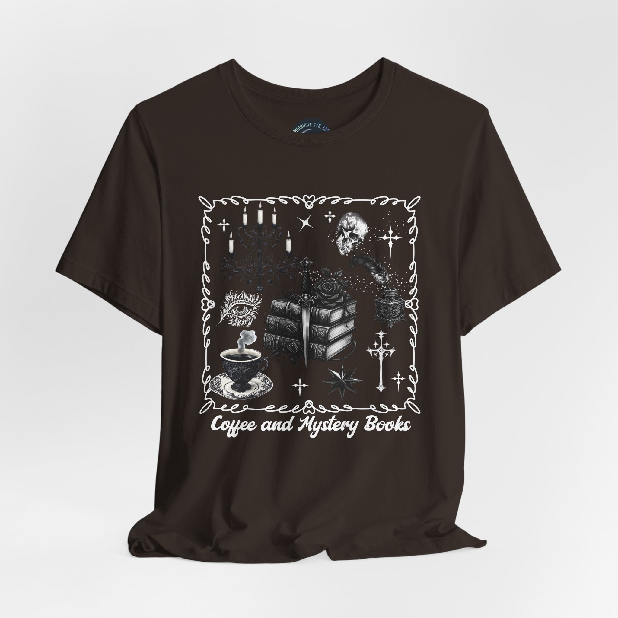 Reading, Coffee & Books T-Shirt — Cozy Gothic Booklover Tee. Midnight Eye, LLC.